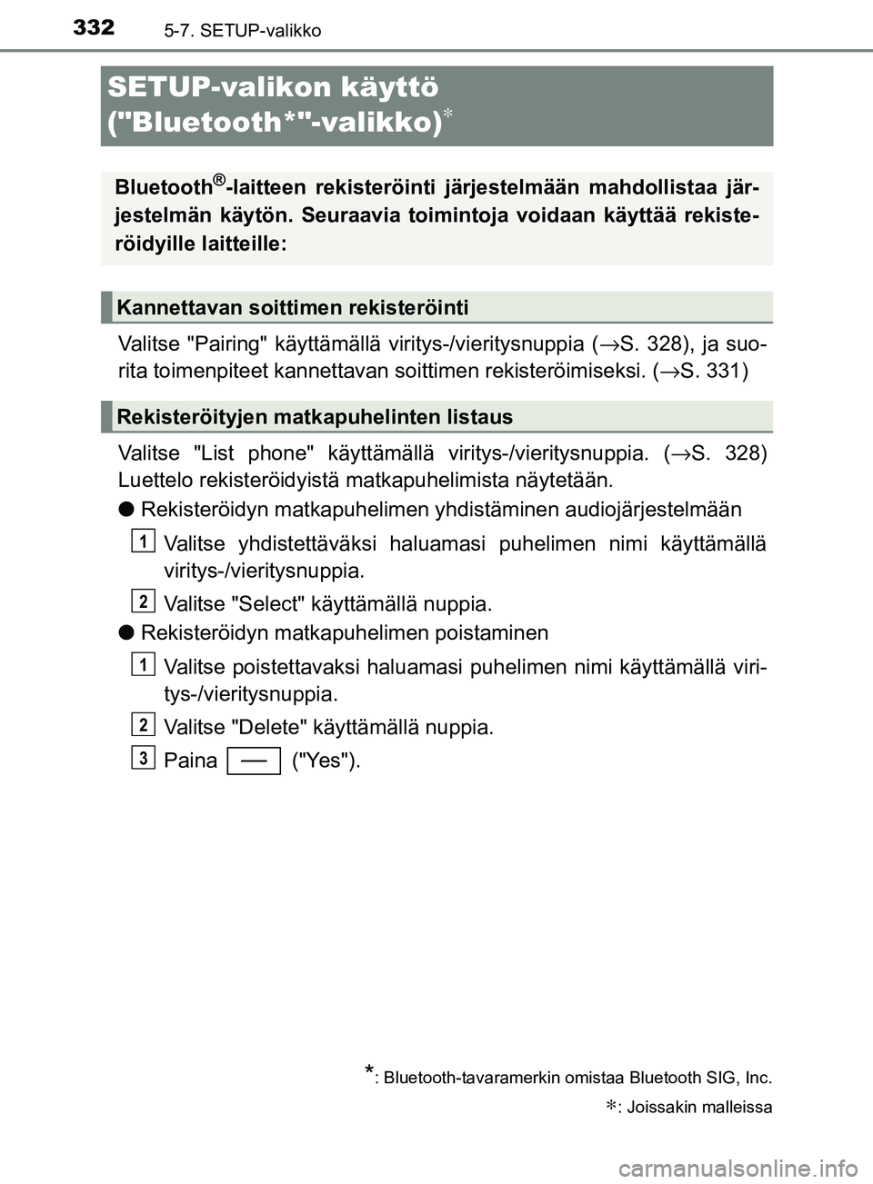 TOYOTA YARIS 2018 Omistajan Käsikirja (in Finnish) 3325-7. SETUP-valikko
YARIS_HV_OM_Europe_OM52J66FI
SETUP-valikon käyttö
("Bluetooth*"-valikko)
∗
Valitse "Pairing" käyttämällä viritys-/vieritysnuppia (→S. 328), ja suo-
rita toimenpiteet k TOYOTA YARIS 2018 Omistajan Käsikirja (in Finnish) 3325-7. SETUP-valikko
YARIS_HV_OM_Europe_OM52J66FI
SETUP-valikon käyttö
("Bluetooth*"-valikko)
∗
Valitse "Pairing" käyttämällä viritys-/vieritysnuppia (→S. 328), ja suo-
rita toimenpiteet k