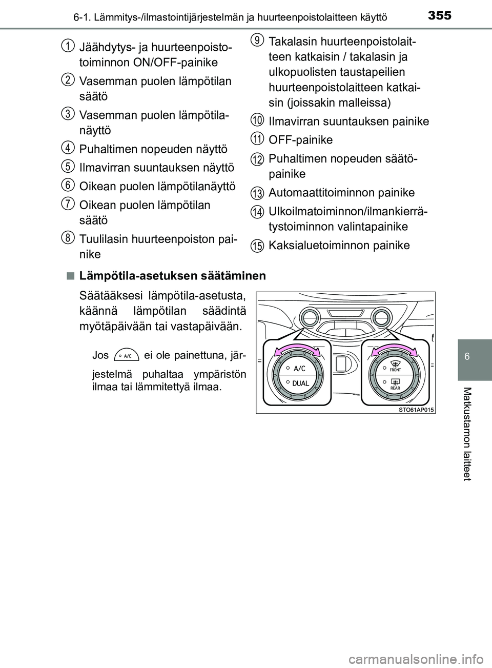 TOYOTA YARIS 2018 Omistajan Käsikirja (in Finnish) 3556-1. Lämmitys-/ilmastointijärjestelmän ja huurteenpoistolaitteen käyttö
6
Matkustamon laitteet
YARIS_HV_OM_Europe_OM52J66FIn
Lämpötila-asetuksen säätäminen
Säätääksesi lämpötila-ase TOYOTA YARIS 2018 Omistajan Käsikirja (in Finnish) 3556-1. Lämmitys-/ilmastointijärjestelmän ja huurteenpoistolaitteen käyttö
6
Matkustamon laitteet
YARIS_HV_OM_Europe_OM52J66FIn
Lämpötila-asetuksen säätäminen
Säätääksesi lämpötila-ase