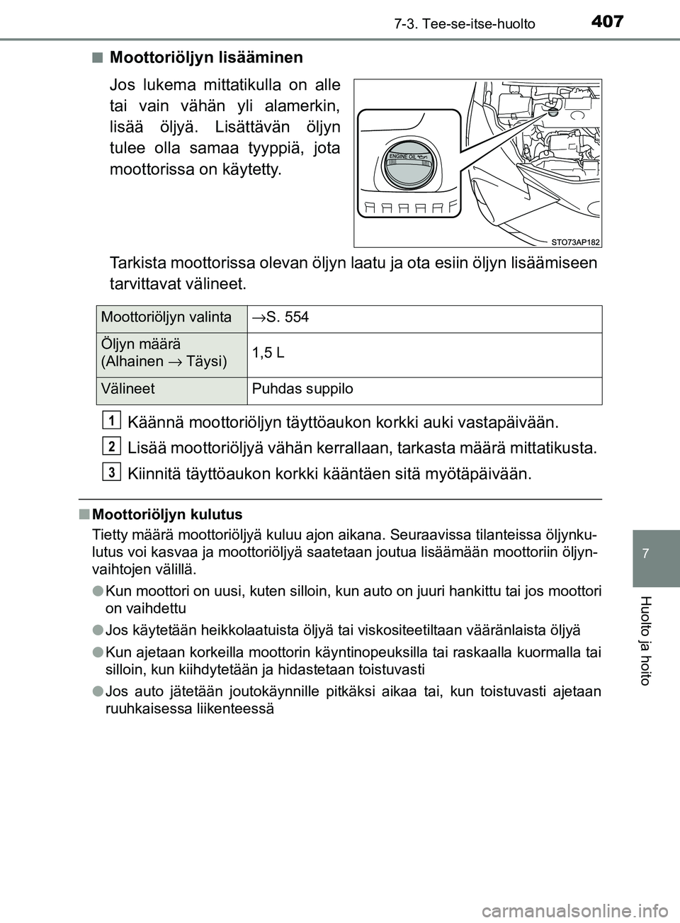 TOYOTA YARIS 2018 Omistajan Käsikirja (in Finnish) 4077-3. Tee-se-itse-huolto
7
Huolto ja hoito
YARIS_HV_OM_Europe_OM52J66FIn
Moottoriöljyn lisääminen
Jos lukema mittatikulla on alle
tai vain vähän yli alamerkin,
lisää öljyä. Lisättävän ö TOYOTA YARIS 2018 Omistajan Käsikirja (in Finnish) 4077-3. Tee-se-itse-huolto
7
Huolto ja hoito
YARIS_HV_OM_Europe_OM52J66FIn
Moottoriöljyn lisääminen
Jos lukema mittatikulla on alle
tai vain vähän yli alamerkin,
lisää öljyä. Lisättävän ö