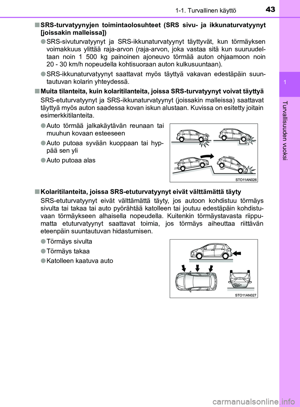 TOYOTA YARIS 2018  Omistajan Käsikirja (in Finnish) 431-1. Turvallinen käyttö
1
Turvallisuuden vuoksi
YARIS_HV_OM_Europe_OM52J66FIn
SRS-turvatyynyjen toimintaolosuhteet  (SRS sivu- ja ikkunaturvatyynyt
[joissakin malleissa])
l SRS-sivuturvatyynyt ja 