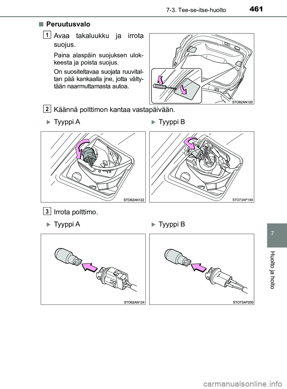 TOYOTA YARIS 2018 Omistajan Käsikirja (in Finnish) 4617-3. Tee-se-itse-huolto
7
Huolto ja hoito
YARIS_HV_OM_Europe_OM52J66FIn
Peruutusvalo
Avaa takaluukku ja irrota
suojus.
Paina alaspäin suojuksen ulok-
keesta ja poista suojus.
On suositeltavaa suoj TOYOTA YARIS 2018 Omistajan Käsikirja (in Finnish) 4617-3. Tee-se-itse-huolto
7
Huolto ja hoito
YARIS_HV_OM_Europe_OM52J66FIn
Peruutusvalo
Avaa takaluukku ja irrota
suojus.
Paina alaspäin suojuksen ulok-
keesta ja poista suojus.
On suositeltavaa suoj