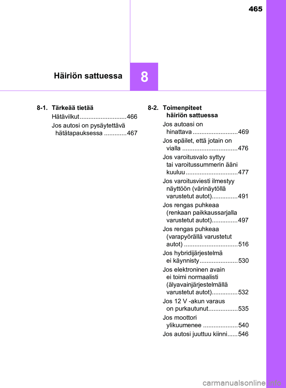 TOYOTA YARIS 2018 Omistajan Käsikirja (in Finnish) 465
8Häiriön sattuessa
YARIS_HV_OM_Europe_OM52J66FI8-1. Tärkeää tietää
Hätävilkut ........................... 466
Jos autosi on pysäytettävä hätätapauksessa ............. 467 8-2. Toimen TOYOTA YARIS 2018 Omistajan Käsikirja (in Finnish) 465
8Häiriön sattuessa
YARIS_HV_OM_Europe_OM52J66FI8-1. Tärkeää tietää
Hätävilkut ........................... 466
Jos autosi on pysäytettävä hätätapauksessa ............. 467 8-2. Toimen