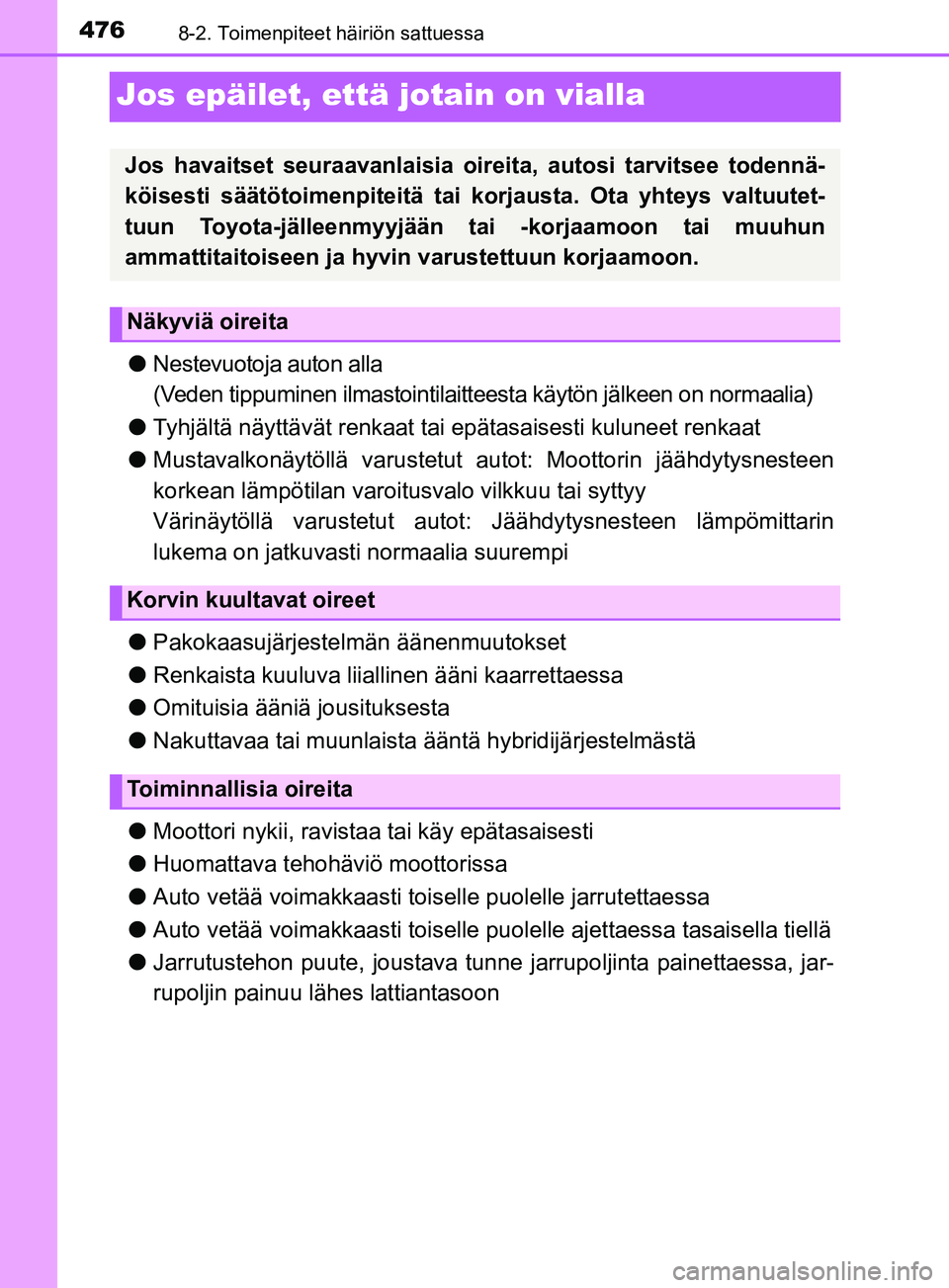 TOYOTA YARIS 2018  Omistajan Käsikirja (in Finnish) 4768-2. Toimenpiteet häiriön sattuessa
YARIS_HV_OM_Europe_OM52J66FI
Jos epäilet, että jotain on vialla
lNestevuotoja auton alla
(Veden tippuminen ilmastointilaitteesta käytön jälkeen on normaal