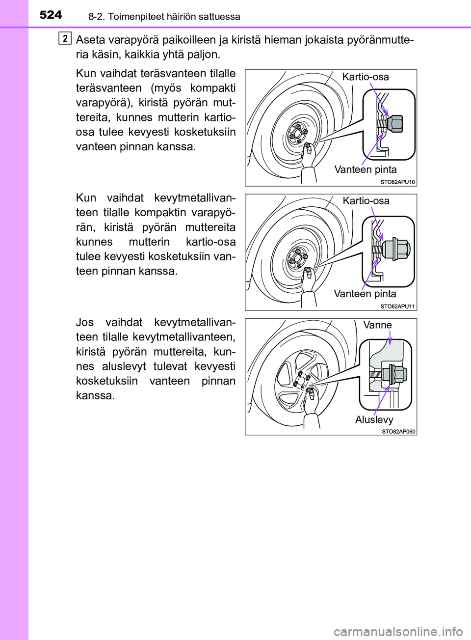 TOYOTA YARIS 2018 Omistajan Käsikirja (in Finnish) 5248-2. Toimenpiteet häiriön sattuessa
YARIS_HV_OM_Europe_OM52J66FI
Aseta varapyörä paikoilleen ja kiristä hieman jokaista pyöränmutte-
ria käsin, kaikkia yhtä paljon.
Kun vaihdat teräsvante TOYOTA YARIS 2018 Omistajan Käsikirja (in Finnish) 5248-2. Toimenpiteet häiriön sattuessa
YARIS_HV_OM_Europe_OM52J66FI
Aseta varapyörä paikoilleen ja kiristä hieman jokaista pyöränmutte-
ria käsin, kaikkia yhtä paljon.
Kun vaihdat teräsvante