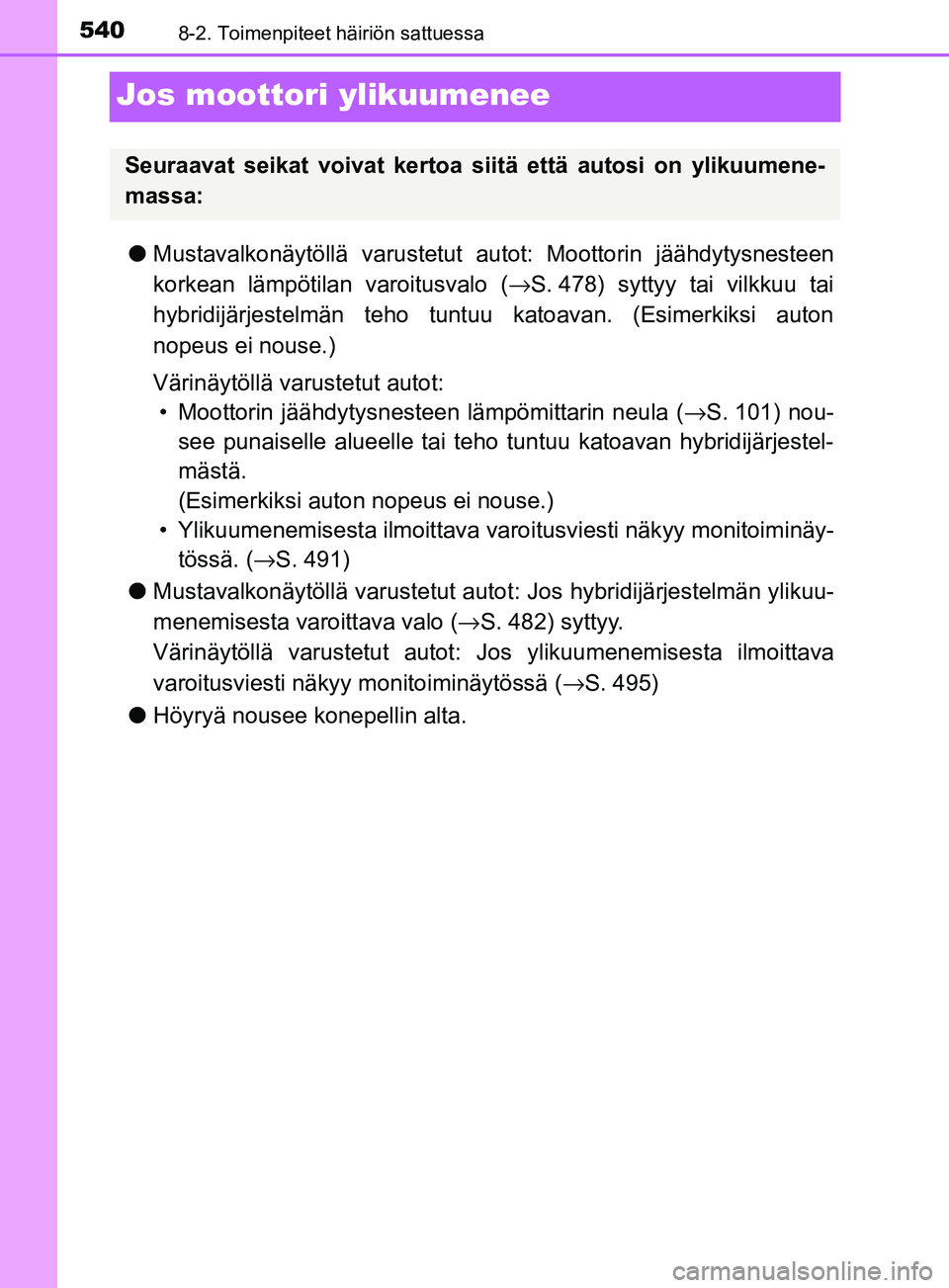 TOYOTA YARIS 2018 Omistajan Käsikirja (in Finnish) 5408-2. Toimenpiteet häiriön sattuessa
YARIS_HV_OM_Europe_OM52J66FI
Jos moottori ylikuumenee
lMustavalkonäytöllä varustetut autot: Moottorin jäähdytysnesteen
korkean lämpötilan varoitusvalo TOYOTA YARIS 2018 Omistajan Käsikirja (in Finnish) 5408-2. Toimenpiteet häiriön sattuessa
YARIS_HV_OM_Europe_OM52J66FI
Jos moottori ylikuumenee
lMustavalkonäytöllä varustetut autot: Moottorin jäähdytysnesteen
korkean lämpötilan varoitusvalo