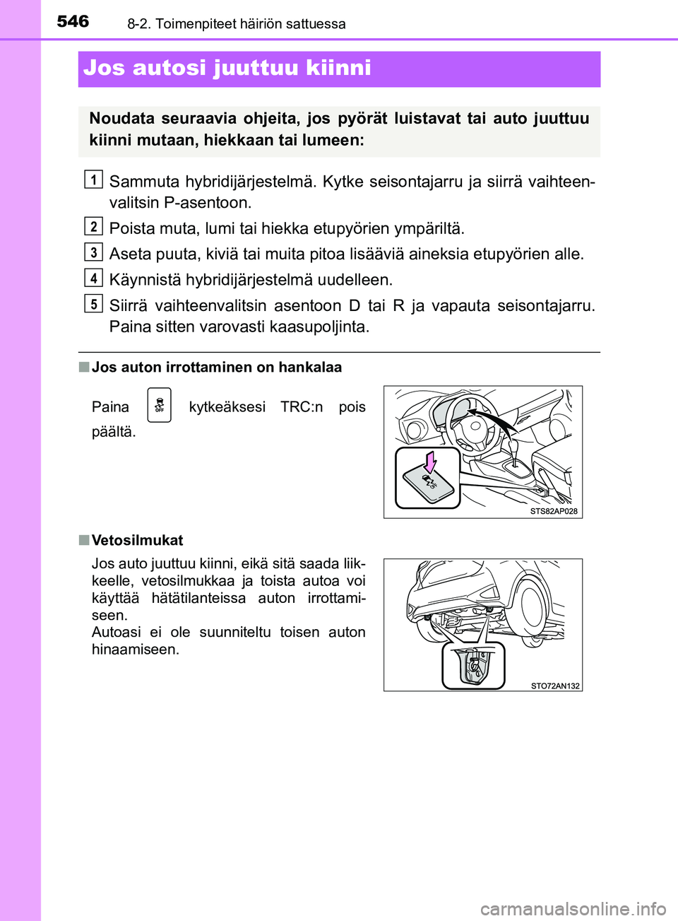TOYOTA YARIS 2018 Omistajan Käsikirja (in Finnish) 5468-2. Toimenpiteet häiriön sattuessa
YARIS_HV_OM_Europe_OM52J66FI
Jos autosi juuttuu kiinni
Sammuta hybridijärjestelmä. Kytke seisontajarru ja siirrä vaihteen-
valitsin P-asentoon.
Poista muta, TOYOTA YARIS 2018 Omistajan Käsikirja (in Finnish) 5468-2. Toimenpiteet häiriön sattuessa
YARIS_HV_OM_Europe_OM52J66FI
Jos autosi juuttuu kiinni
Sammuta hybridijärjestelmä. Kytke seisontajarru ja siirrä vaihteen-
valitsin P-asentoon.
Poista muta,
