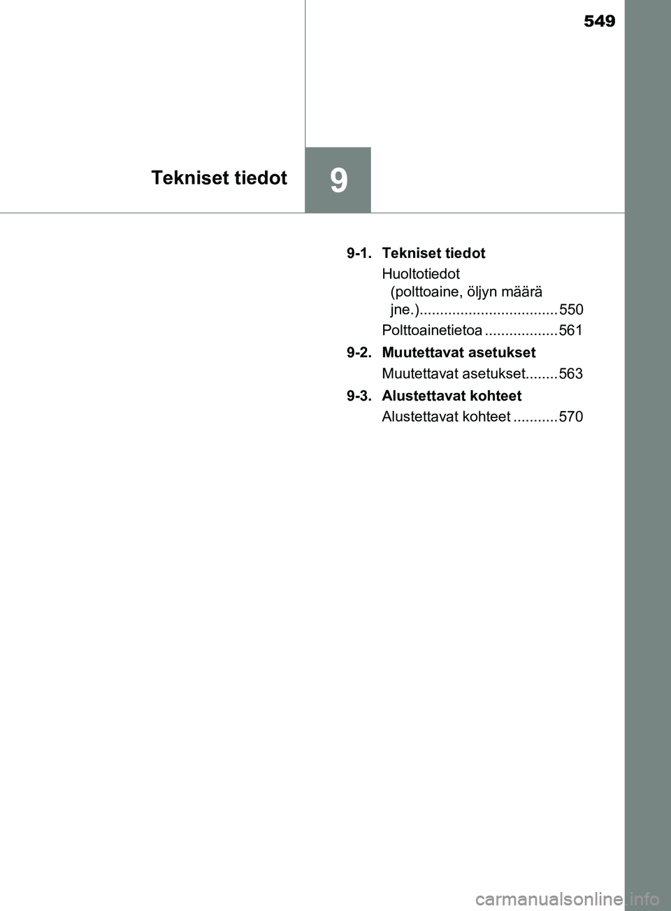 TOYOTA YARIS 2018 Omistajan Käsikirja (in Finnish) 549
9Tekniset tiedot
YARIS_HV_OM_Europe_OM52J66FI9-1. Tekniset tiedot
Huoltotiedot (polttoaine, öljyn määrä
jne.).................................. 550
Polttoainetietoa .................. 561
9-2. TOYOTA YARIS 2018 Omistajan Käsikirja (in Finnish) 549
9Tekniset tiedot
YARIS_HV_OM_Europe_OM52J66FI9-1. Tekniset tiedot
Huoltotiedot (polttoaine, öljyn määrä
jne.).................................. 550
Polttoainetietoa .................. 561
9-2.