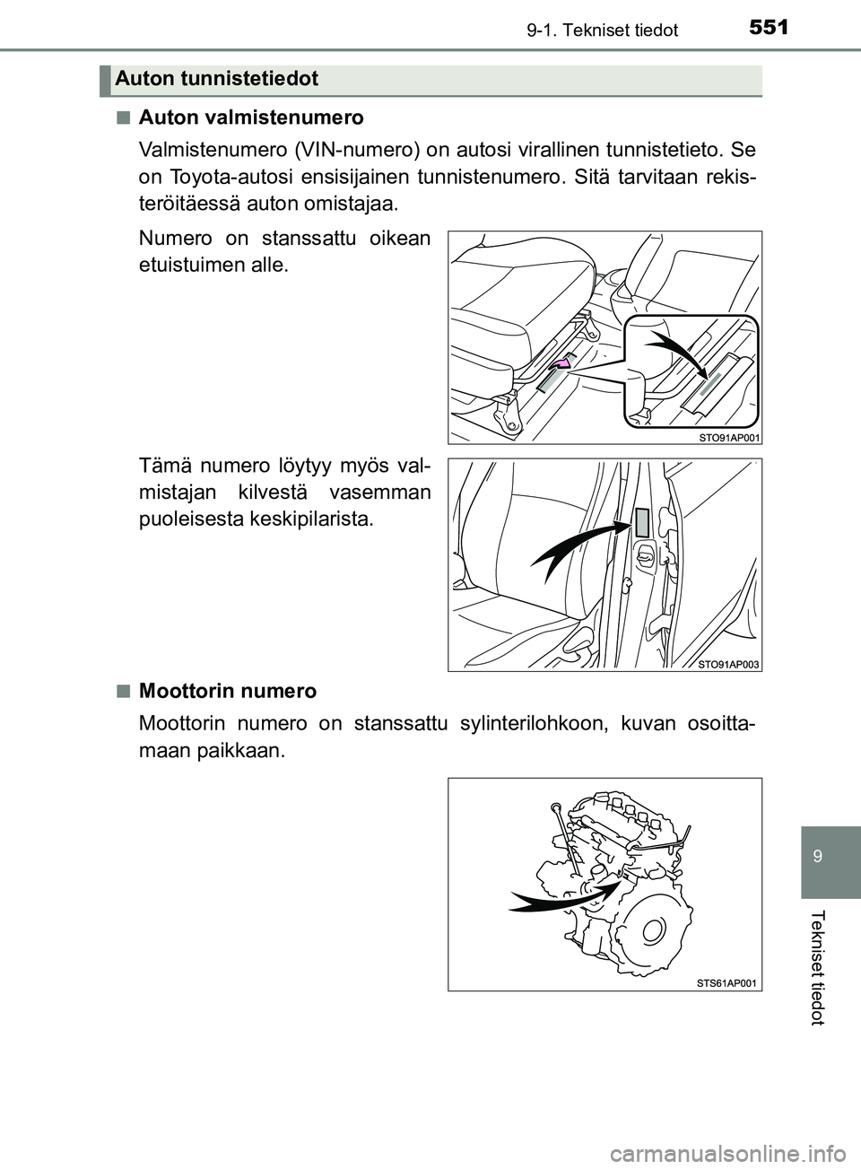 TOYOTA YARIS 2018  Omistajan Käsikirja (in Finnish) 5519-1. Tekniset tiedot
9
Tekniset tiedot
YARIS_HV_OM_Europe_OM52J66FIn
Auton valmistenumero
Valmistenumero (VIN-numero) on autosi virallinen tunnistetieto. Se
on Toyota-autosi ensisijainen tunni
sten