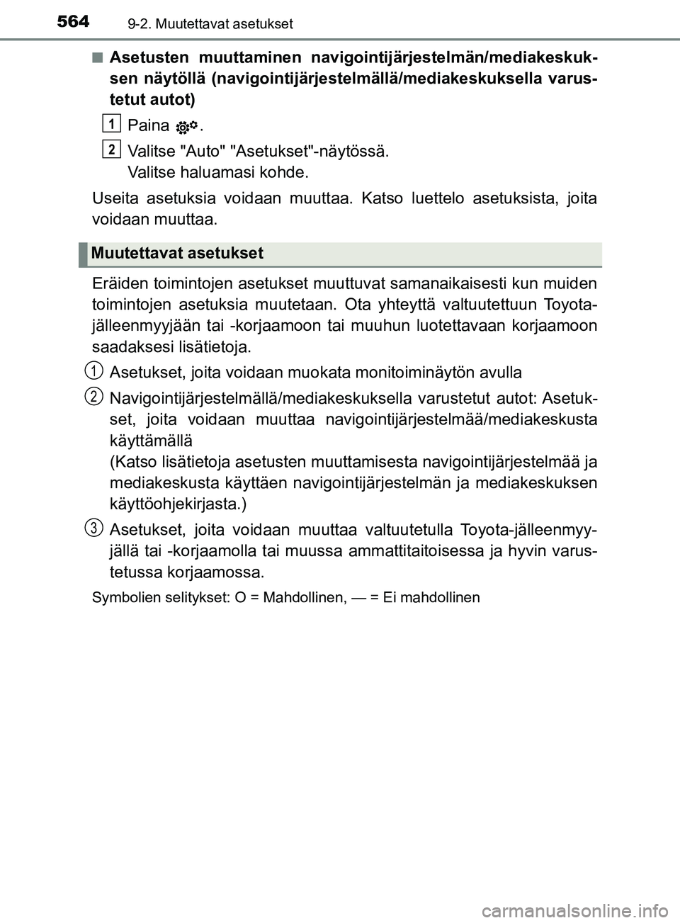 TOYOTA YARIS 2018  Omistajan Käsikirja (in Finnish) 5649-2. Muutettavat asetukset
YARIS_HV_OM_Europe_OM52J66FIn
Asetusten muuttaminen navigointijärjestelmän/mediakeskuk-
sen näytöllä (navigointijärjestelmällä/mediakeskuksella varus-
tetut autot