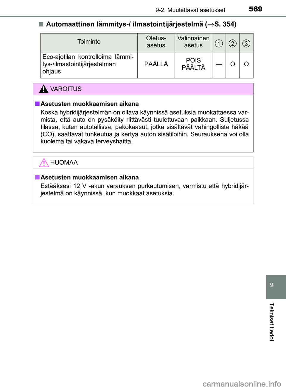 TOYOTA YARIS 2018  Omistajan Käsikirja (in Finnish) 5699-2. Muutettavat asetukset
9
Tekniset tiedot
YARIS_HV_OM_Europe_OM52J66FIn
Automaattinen lämmitys-/ il
mastointijärjestelmä (→S. 354)
ToimintoOletus- 
asetusValinnainen  asetus
Eco-ajotilan ko