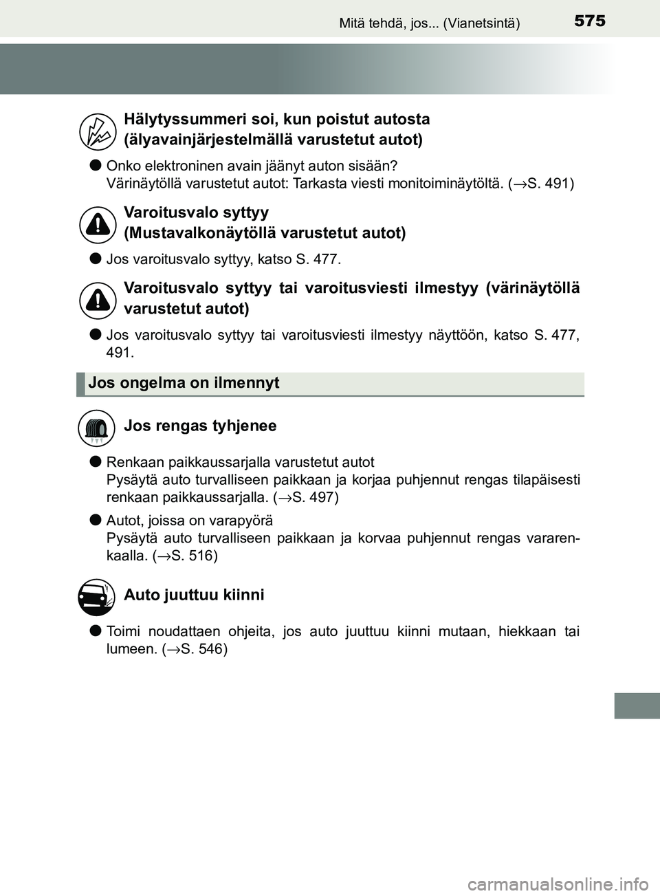 TOYOTA YARIS 2018  Omistajan Käsikirja (in Finnish) 575Mitä tehdä, jos... (Vianetsintä)
YARIS_HV_OM_Europe_OM52J66FI
lOnko elektroninen avain jäänyt auton sisään?
Värinäytöllä varustetut autot: Tarkasta viesti monitoiminäytöltä. (→S. 49