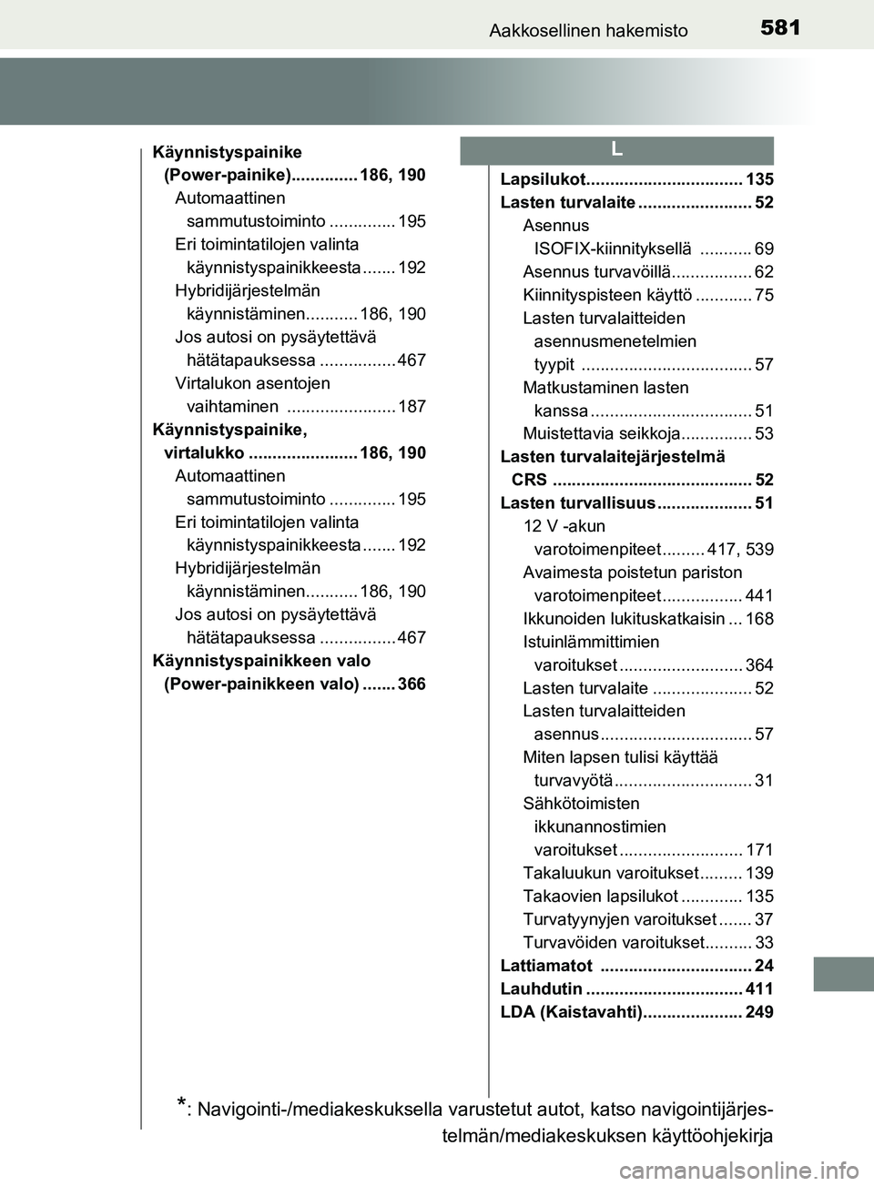 TOYOTA YARIS 2018  Omistajan Käsikirja (in Finnish) 581Aakkosellinen hakemisto
YARIS_HV_OM_Europe_OM52J66FI
Käynnistyspainike (Power-painike).............. 186, 190
Automaattinen sammutustoiminto .............. 195
Eri toimintatilojen valinta 
käynni
