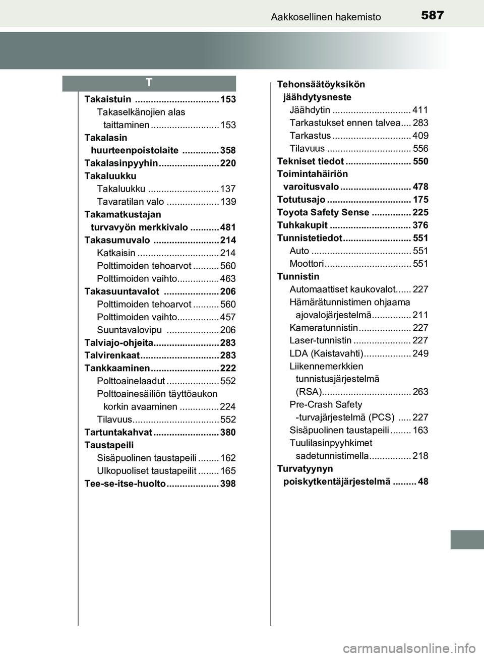 TOYOTA YARIS 2018  Omistajan Käsikirja (in Finnish) 587Aakkosellinen hakemisto
YARIS_HV_OM_Europe_OM52J66FI
Takaistuin ................................ 153Takaselkänojien alas 
taittaminen .......................... 153
Takalasin  huurteenpoistolaite 