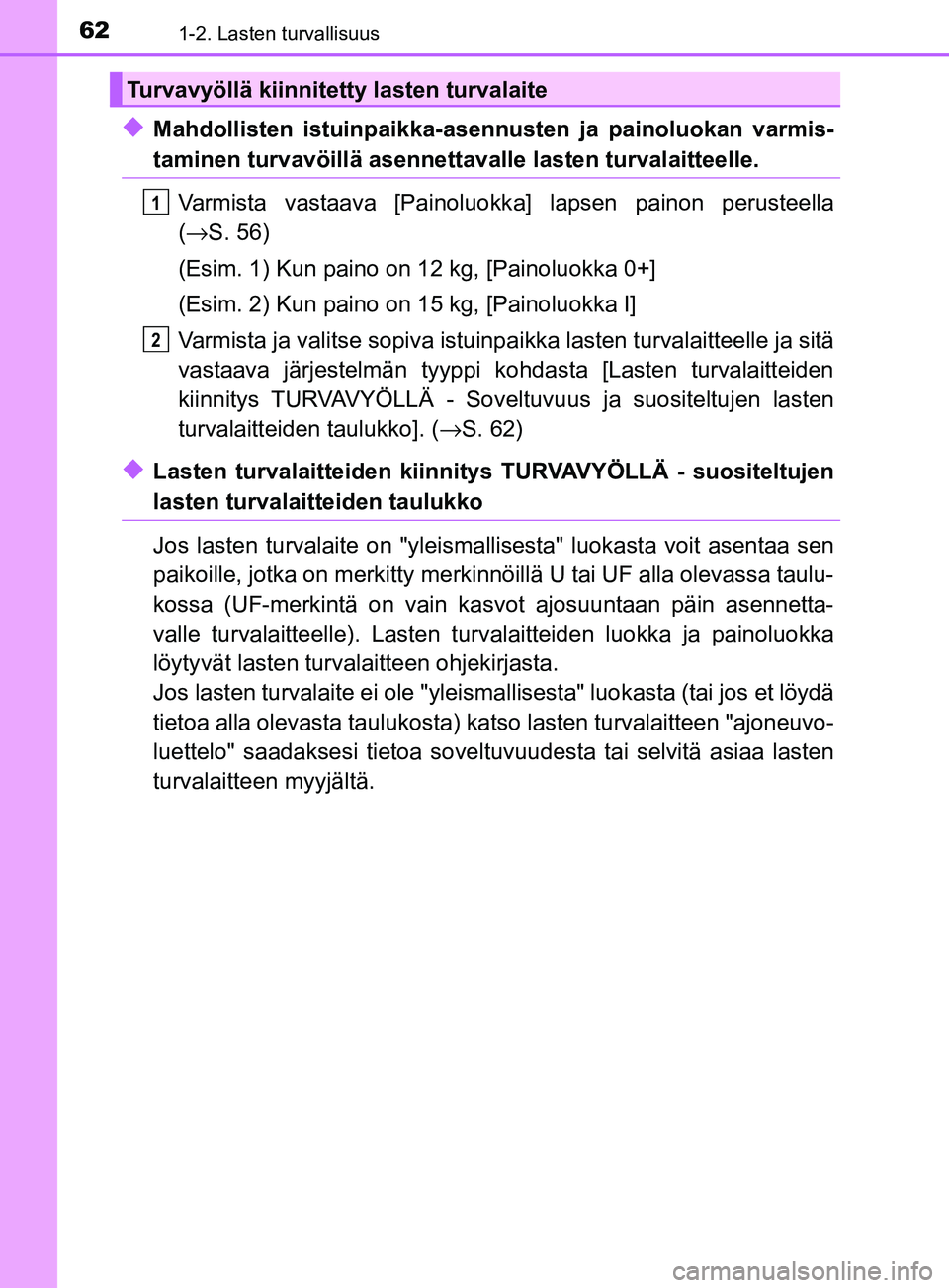TOYOTA YARIS 2018  Omistajan Käsikirja (in Finnish) 621-2. Lasten turvallisuus
YARIS_HV_OM_Europe_OM52J66FI
uMahdollisten istuinpaikka-asennusten ja painoluokan varmis-
taminen turvavöillä asennettavalle lasten turvalaitteelle.
Varmista vastaava [Pai