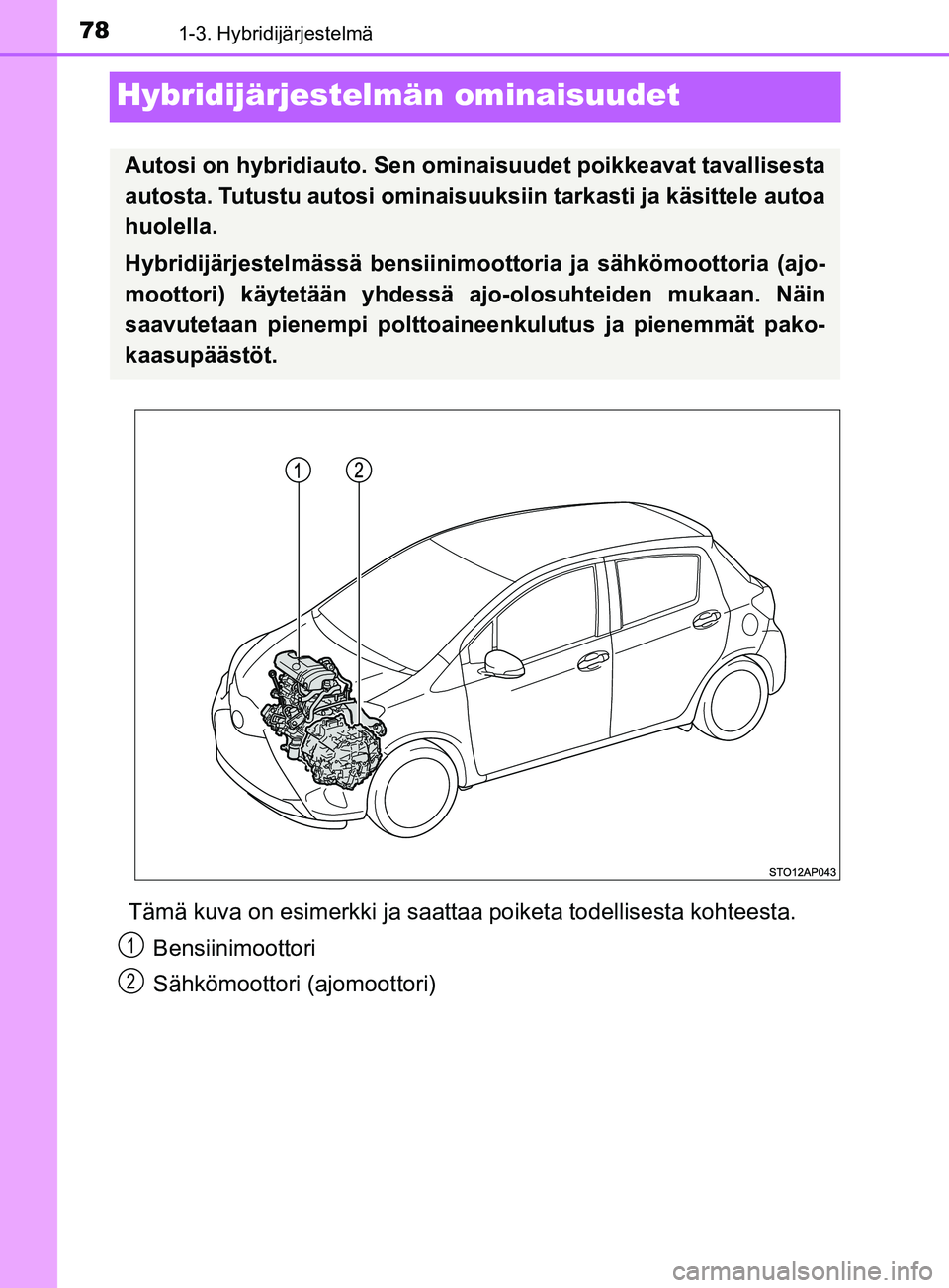 TOYOTA YARIS 2018  Omistajan Käsikirja (in Finnish) 781-3. Hybridijärjestelmä
YARIS_HV_OM_Europe_OM52J66FI
Hybridijärjestelmän ominaisuudet
Tämä kuva on esimerkki ja saattaa poiketa todellisesta kohteesta.Bensiinimoottori
Sähkömoottori (ajomoot