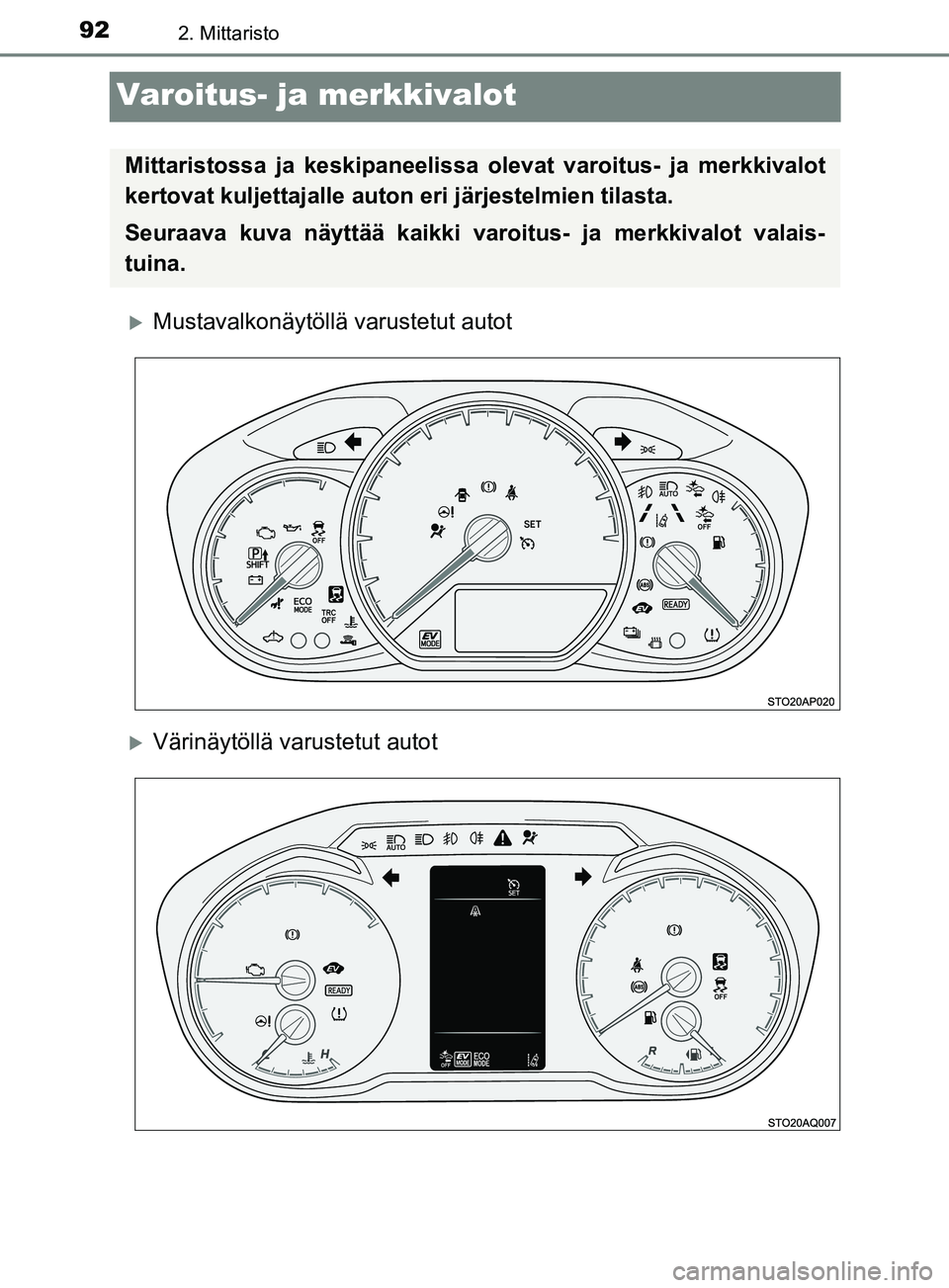 TOYOTA YARIS 2018  Omistajan Käsikirja (in Finnish) 922. Mittaristo
YARIS_HV_OM_Europe_OM52J66FI
Varoitus- ja merkkivalot
Mustavalkonäytöllä varustetut autot
Värinäytöllä varustetut autot
Mittaristossa ja keskipaneelissa olevat varoitus- j