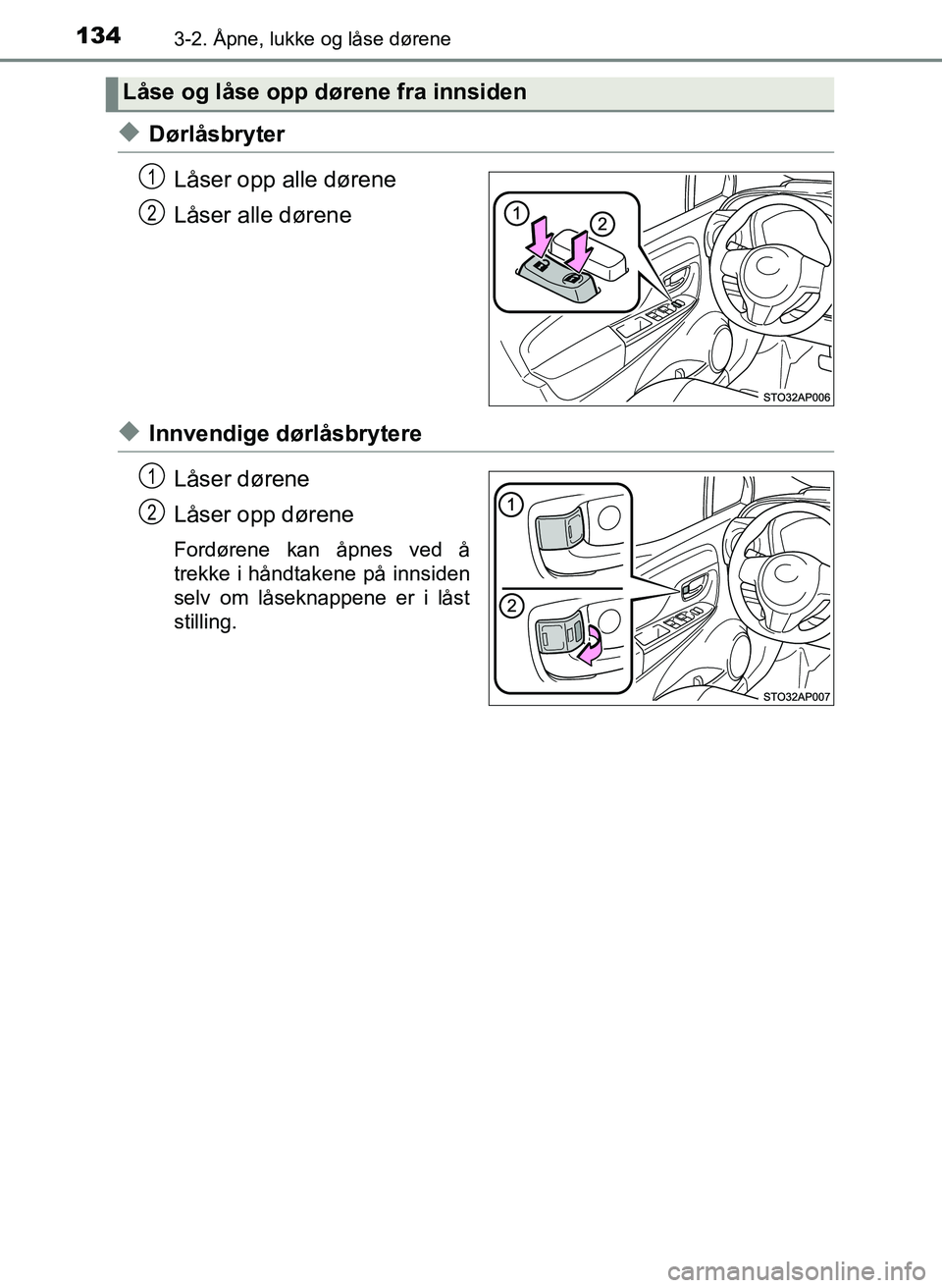 TOYOTA YARIS 2018 Instruksjoner for bruk (in Norwegian) 1343-2. Åpne, lukke og låse dørene
YARIS_HV_OM_Europe_OM52J66NO
uDørlåsbryterLåser opp alle dørene
Låser alle dørene
uInnvendige dørlåsbrytereLåser dørene
Låser opp dørene
Fordørene ka TOYOTA YARIS 2018 Instruksjoner for bruk (in Norwegian) 1343-2. Åpne, lukke og låse dørene
YARIS_HV_OM_Europe_OM52J66NO
uDørlåsbryterLåser opp alle dørene
Låser alle dørene
uInnvendige dørlåsbrytereLåser dørene
Låser opp dørene
Fordørene ka
