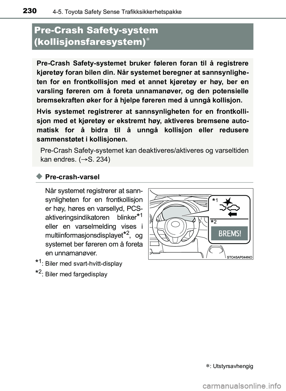 TOYOTA YARIS 2018 Instruksjoner for bruk (in Norwegian) 2304-5. Toyota Safety Sense Trafikksikkerhetspakke
YARIS_HV_OM_Europe_OM52J66NO
Pre-Crash Safety-system
(kollisjonsfaresystem)
uPre-crash-varsel
Når systemet registrerer at sann-
synligheten for TOYOTA YARIS 2018 Instruksjoner for bruk (in Norwegian) 2304-5. Toyota Safety Sense Trafikksikkerhetspakke
YARIS_HV_OM_Europe_OM52J66NO
Pre-Crash Safety-system
(kollisjonsfaresystem)
uPre-crash-varsel
Når systemet registrerer at sann-
synligheten for