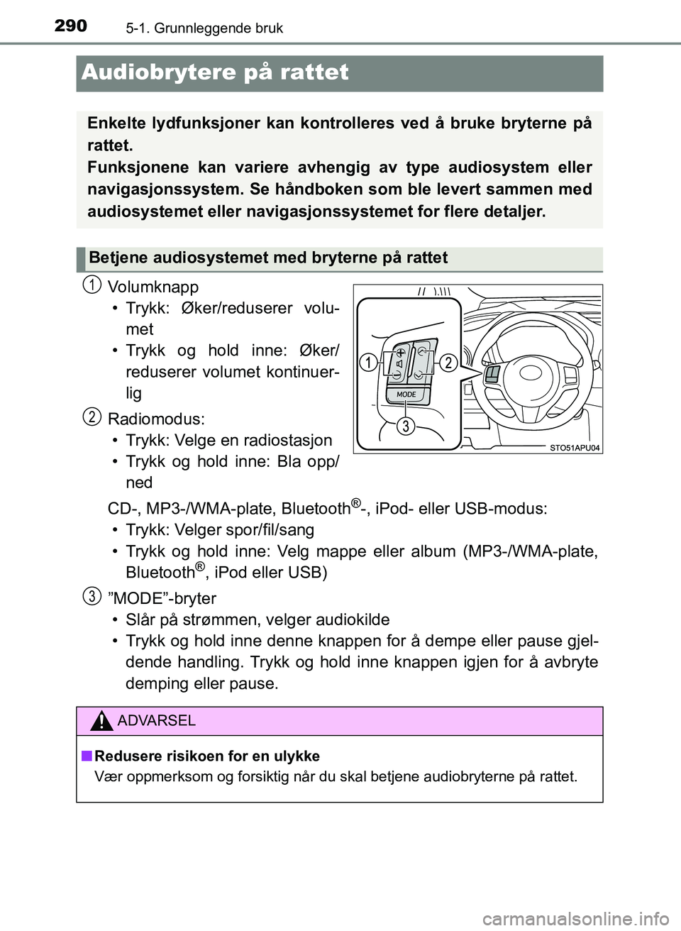 TOYOTA YARIS 2018 Instruksjoner for bruk (in Norwegian) 2905-1. Grunnleggende bruk
YARIS_HV_OM_Europe_OM52J66NO
Audiobrytere på rattet
Volumknapp• Trykk: Øker/reduserer volu- met
• Trykk og hold inne: Øker/ reduserer volumet kontinuer-
lig
Radiomodu TOYOTA YARIS 2018 Instruksjoner for bruk (in Norwegian) 2905-1. Grunnleggende bruk
YARIS_HV_OM_Europe_OM52J66NO
Audiobrytere på rattet
Volumknapp• Trykk: Øker/reduserer volu- met
• Trykk og hold inne: Øker/ reduserer volumet kontinuer-
lig
Radiomodu