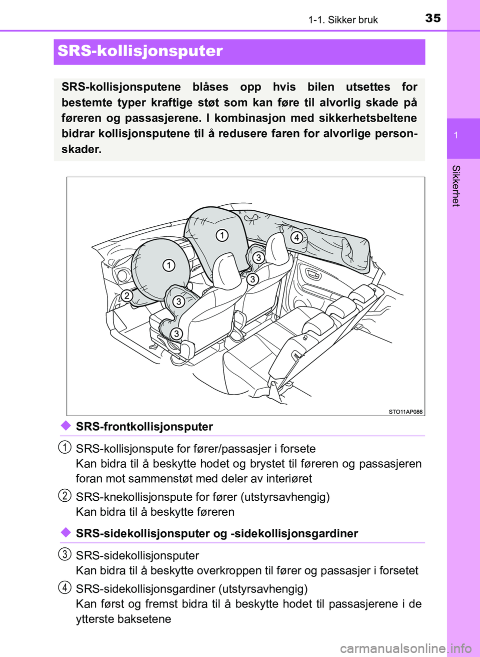 TOYOTA YARIS 2018 Instruksjoner for bruk (in Norwegian) 351-1. Sikker bruk
1
Sikkerhet
YARIS_HV_OM_Europe_OM52J66NO
SRS-kollisjonsputer
uSRS-frontkollisjonsputer
SRS-kollisjonspute for fører/passasjer i forsete
Kan bidra til å beskytte hodet og brystet t TOYOTA YARIS 2018 Instruksjoner for bruk (in Norwegian) 351-1. Sikker bruk
1
Sikkerhet
YARIS_HV_OM_Europe_OM52J66NO
SRS-kollisjonsputer
uSRS-frontkollisjonsputer
SRS-kollisjonspute for fører/passasjer i forsete
Kan bidra til å beskytte hodet og brystet t