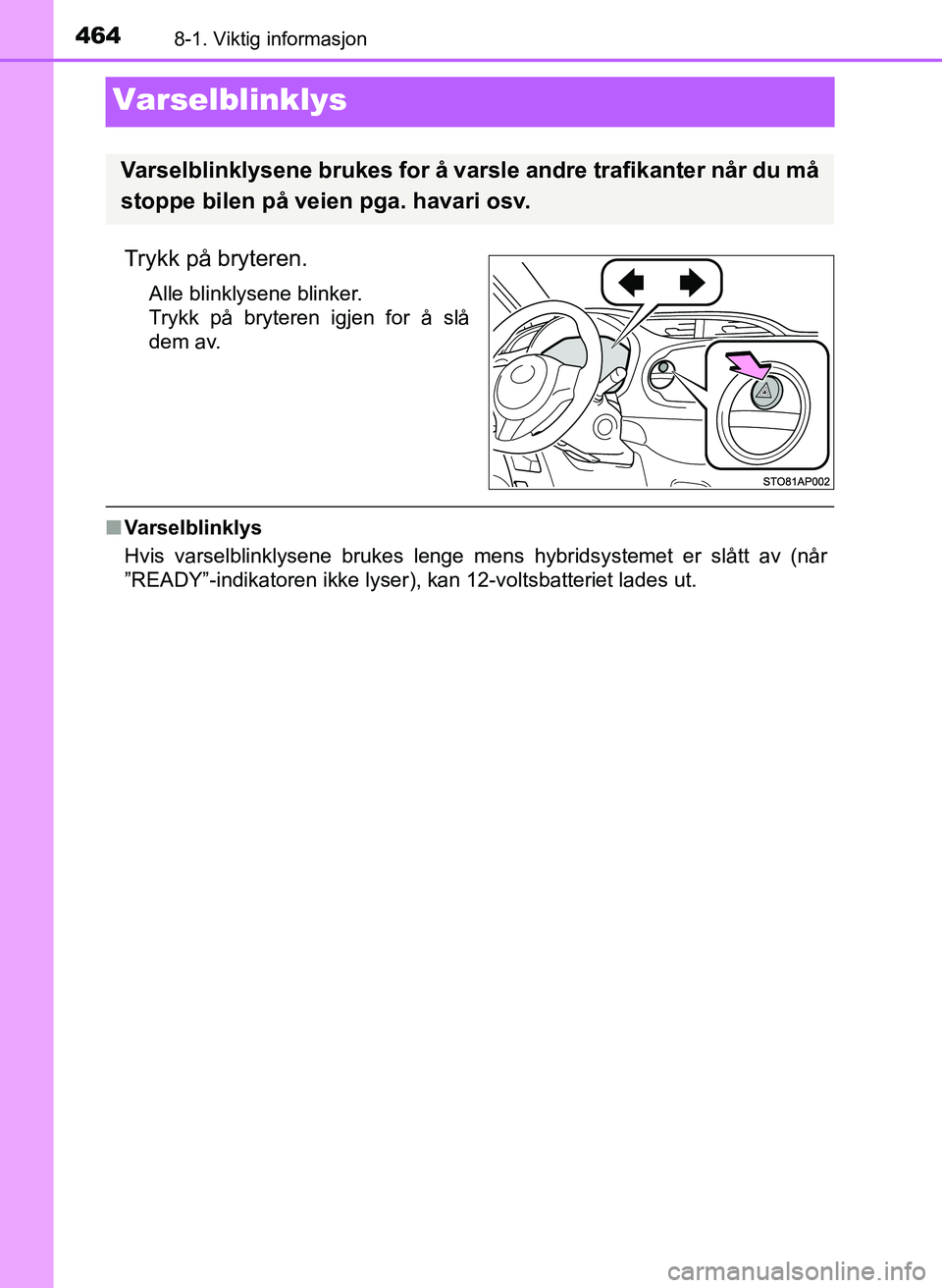 TOYOTA YARIS 2018  Instruksjoner for bruk (in Norwegian) 4648-1. Viktig informasjon
YARIS_HV_OM_Europe_OM52J66NO
Varselblinklys
Trykk på bryteren.
Alle blinklysene blinker.
Trykk på bryteren igjen for å slå
dem av.
nVarselblinklys
Hvis varselblinklysene