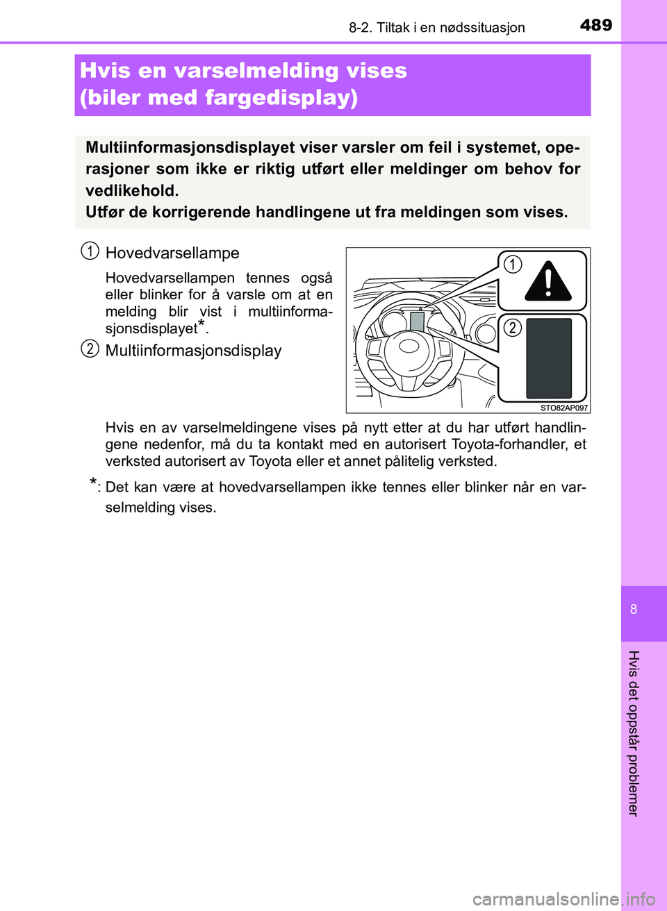 TOYOTA YARIS 2018  Instruksjoner for bruk (in Norwegian) 4898-2. Tiltak i en nødssituasjon
8
Hvis det oppstår problemer
YARIS_HV_OM_Europe_OM52J66NO
Hvis en varselmelding vises 
(biler med fargedisplay)
Hovedvarsellampe
Hovedvarsellampen tennes også
elle