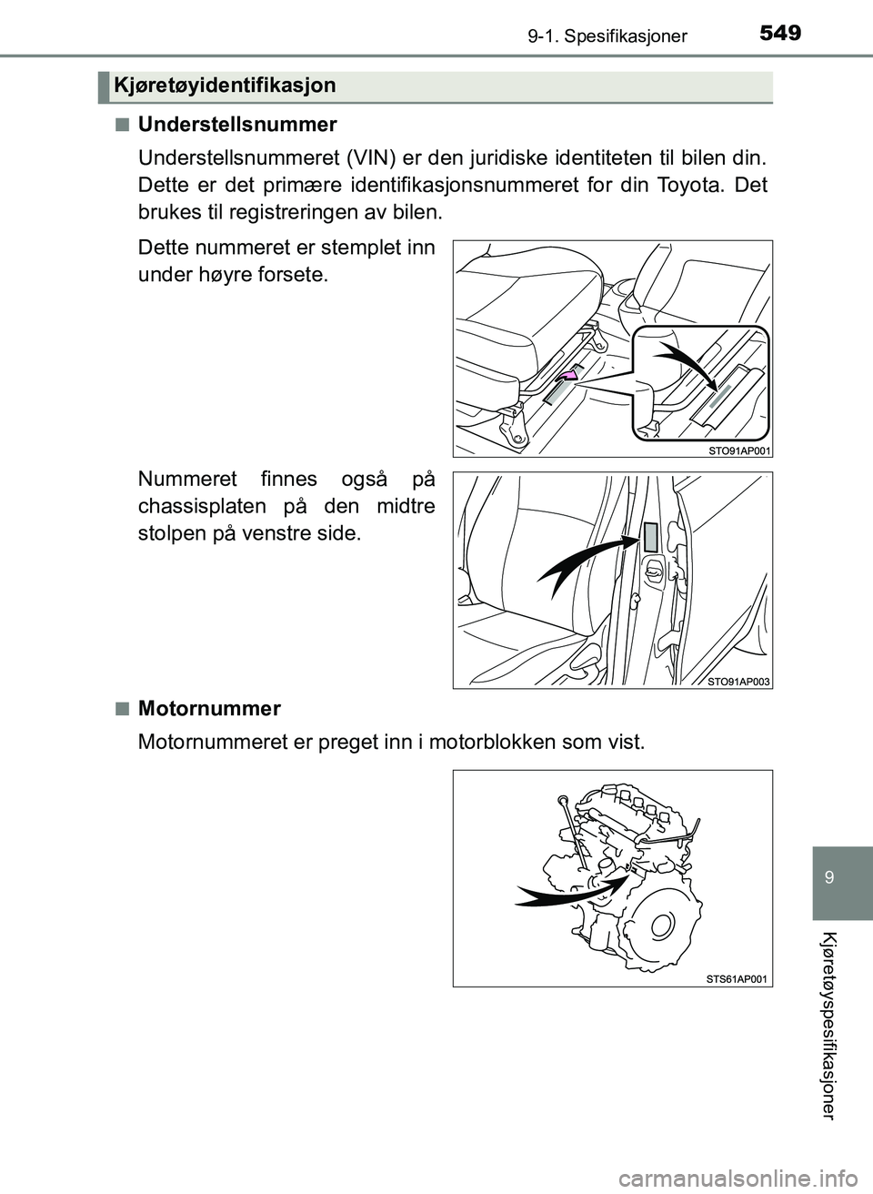 TOYOTA YARIS 2018  Instruksjoner for bruk (in Norwegian) 5499-1. Spesifikasjoner
9
Kjøretøyspesifikasjoner
YARIS_HV_OM_Europe_OM52J66NOn
Understellsnummer
Understellsnummeret (VIN) er den juridiske identiteten til bilen din.
Dette er det primære identifi