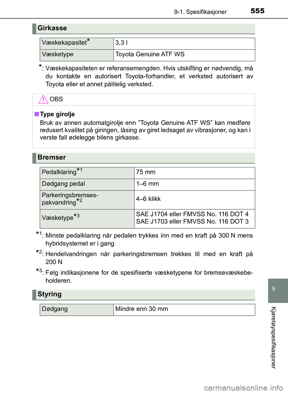 TOYOTA YARIS 2018  Instruksjoner for bruk (in Norwegian) 5559-1. Spesifikasjoner
9
Kjøretøyspesifikasjoner
YARIS_HV_OM_Europe_OM52J66NO
*: Væskekapasiteten er referansemengden. Hvis utskifting er nødvendig, mådu kontakte en autorisert Toyota-forhandler