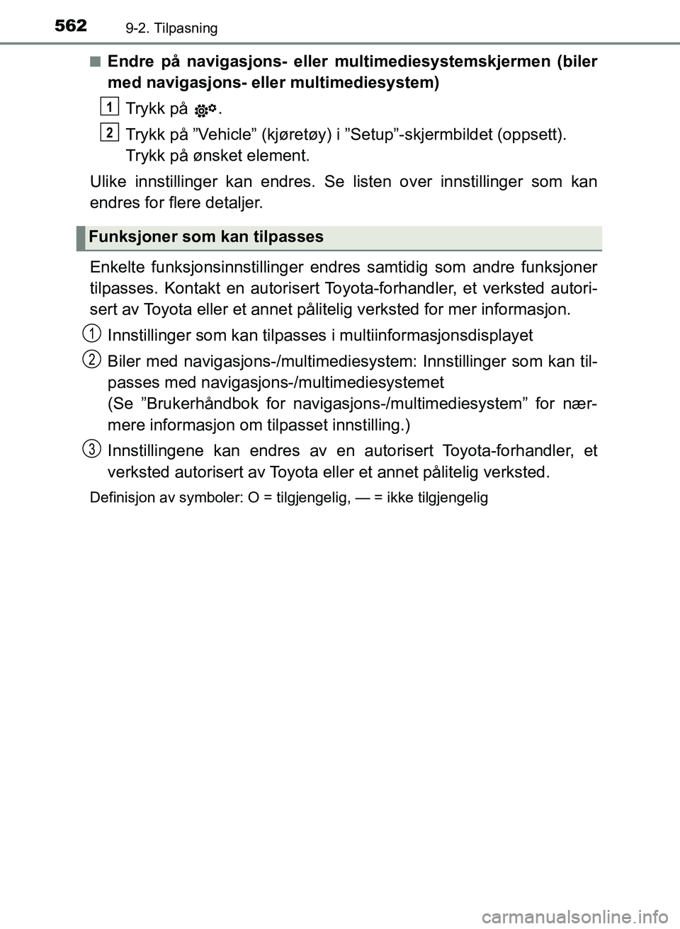 TOYOTA YARIS 2018 Instruksjoner for bruk (in Norwegian) 5629-2. Tilpasning
YARIS_HV_OM_Europe_OM52J66NOn
Endre på navigasjons- eller multimediesystemskjermen (biler
med navigasjons- elle
r multimediesystem)
Trykk på .
Trykk på ”Vehicle” (kjøretøy TOYOTA YARIS 2018 Instruksjoner for bruk (in Norwegian) 5629-2. Tilpasning
YARIS_HV_OM_Europe_OM52J66NOn
Endre på navigasjons- eller multimediesystemskjermen (biler
med navigasjons- elle
r multimediesystem)
Trykk på .
Trykk på ”Vehicle” (kjøretøy