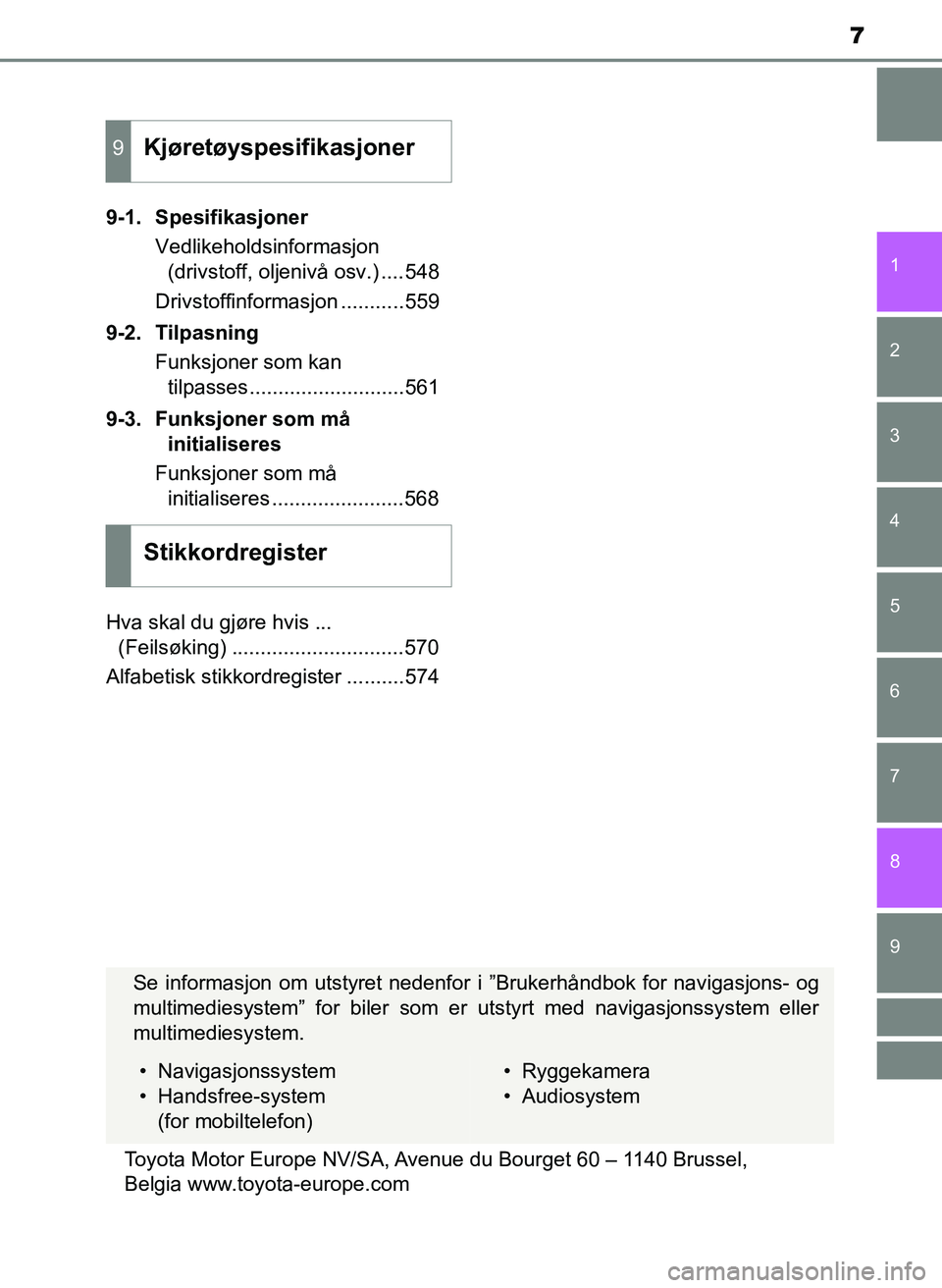 TOYOTA YARIS 2018  Instruksjoner for bruk (in Norwegian) 7
1
7
8 6 5
4
3
2
9
YARIS_HV_OM_Europe_OM52J66NO9-1. Spesifikasjoner
Vedlikeholdsinformasjon (drivstoff, oljenivå osv.) ....548
Drivstoffinformasjon ...........559
9-2. Tilpasning Funksjoner som kan 