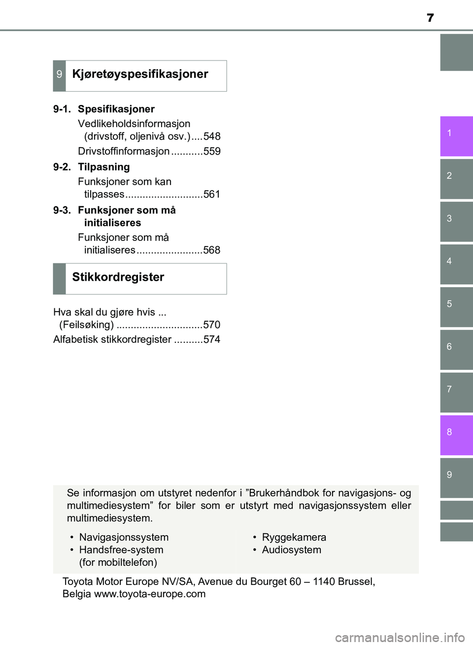 TOYOTA YARIS 2018 Instruksjoner for bruk (in Norwegian) 7
1
7
8 6 5
4
3
2
9
YARIS_HV_OM_Europe_OM52J66NO9-1. Spesifikasjoner
Vedlikeholdsinformasjon (drivstoff, oljenivå osv.) ....548
Drivstoffinformasjon ...........559
9-2. Tilpasning Funksjoner som kan TOYOTA YARIS 2018 Instruksjoner for bruk (in Norwegian) 7
1
7
8 6 5
4
3
2
9
YARIS_HV_OM_Europe_OM52J66NO9-1. Spesifikasjoner
Vedlikeholdsinformasjon (drivstoff, oljenivå osv.) ....548
Drivstoffinformasjon ...........559
9-2. Tilpasning Funksjoner som kan
