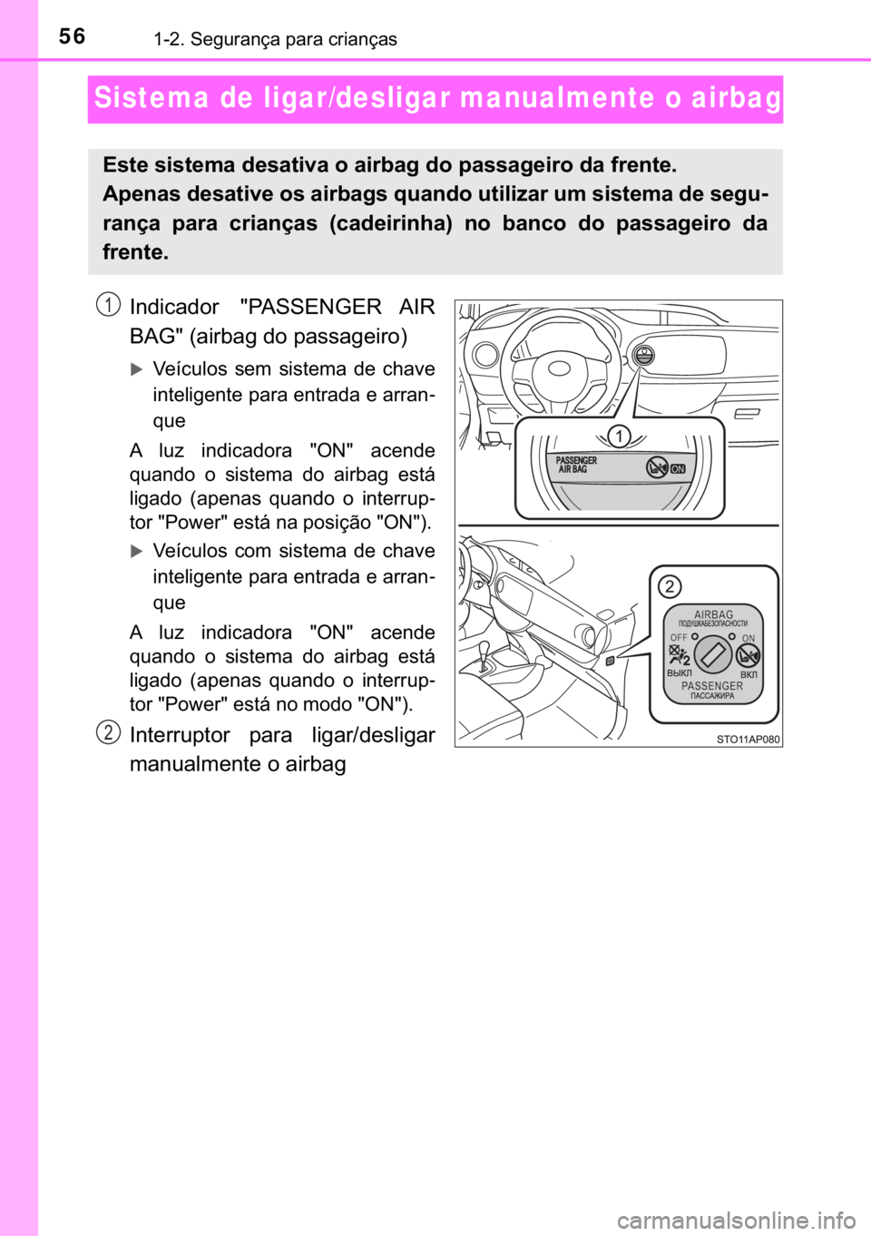 TOYOTA YARIS 2018  Manual de utilização (in Portuguese) 56������6�H�J�X�U�D�Q�o�D��S�D�U�D��F�U�L�D�Q�o�D�V
Sistema de ligar/desligar manualmente o airbag
�,�Q�G�L�F�D�G�R�U� ��3�$�6�6�(�1�*�(�5� �$�,�5
�%�$�*����D�L�U�E�D�J��G�R��S�D�V�V�D�