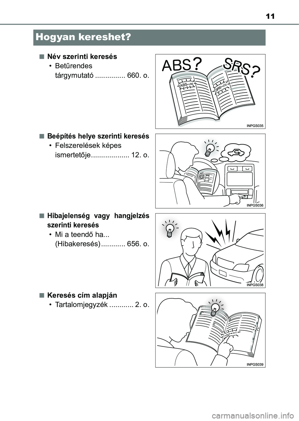 TOYOTA YARIS 2018 Kezelési útmutató (in Hungarian) 11
Hogyan kereshet?
nNév szerinti keresés• Betűrendes tárgymutató ............... 660. o.
nBeépítés helye szerinti keresés
• Felszerelések képes ismertetője................... 12. o.
TOYOTA YARIS 2018 Kezelési útmutató (in Hungarian) 11
Hogyan kereshet?
nNév szerinti keresés• Betűrendes tárgymutató ............... 660. o.
nBeépítés helye szerinti keresés
• Felszerelések képes ismertetője................... 12. o.
