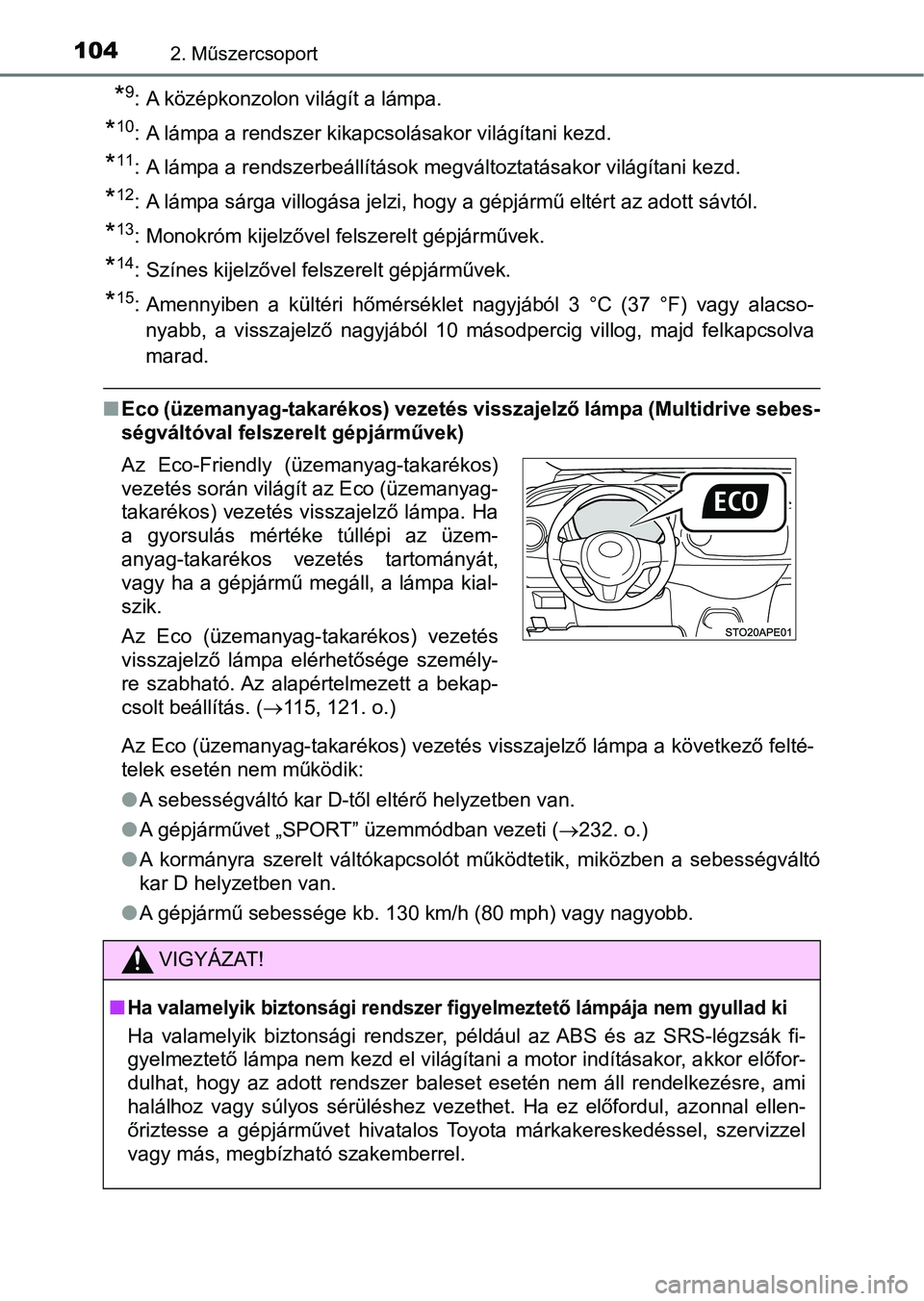 TOYOTA YARIS 2018 Kezelési útmutató (in Hungarian) 1042. Műszercsoport
*9: A középkonzolon világít a lámpa.
*10: A lámpa a rendszer kikapcsolásakor világítani kezd.
*11: A lámpa a rendszerbeállítások megváltoztatásakor világítani kez TOYOTA YARIS 2018 Kezelési útmutató (in Hungarian) 1042. Műszercsoport
*9: A középkonzolon világít a lámpa.
*10: A lámpa a rendszer kikapcsolásakor világítani kezd.
*11: A lámpa a rendszerbeállítások megváltoztatásakor világítani kez