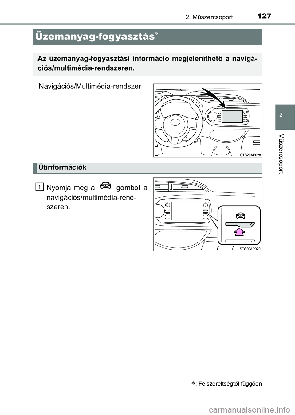TOYOTA YARIS 2018 Kezelési útmutató (in Hungarian) 127
2
2. Műszercsoport
Műszercsoport
Üzemanyag-fogyasztás
Navigációs/Multimédia-rendszerNyomja meg a gombot a
navigációs/multimédia-rend-
szeren.
: Felszereltségtől függően
A TOYOTA YARIS 2018 Kezelési útmutató (in Hungarian) 127
2
2. Műszercsoport
Műszercsoport
Üzemanyag-fogyasztás
Navigációs/Multimédia-rendszerNyomja meg a gombot a
navigációs/multimédia-rend-
szeren.
: Felszereltségtől függően
A