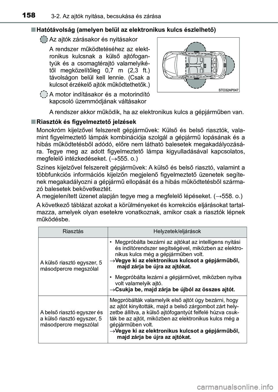 TOYOTA YARIS 2018 Kezelési útmutató (in Hungarian) 1583-2. Az ajtók nyitása, becsukása és zárása
nHatótávolság (amelyen belül az elektronikus kulcs észlelhető)
A rendszer akkor működik, ha az elektronikus kulcs a gépjárműbe n van.
n TOYOTA YARIS 2018 Kezelési útmutató (in Hungarian) 1583-2. Az ajtók nyitása, becsukása és zárása
nHatótávolság (amelyen belül az elektronikus kulcs észlelhető)
A rendszer akkor működik, ha az elektronikus kulcs a gépjárműbe n van.
n