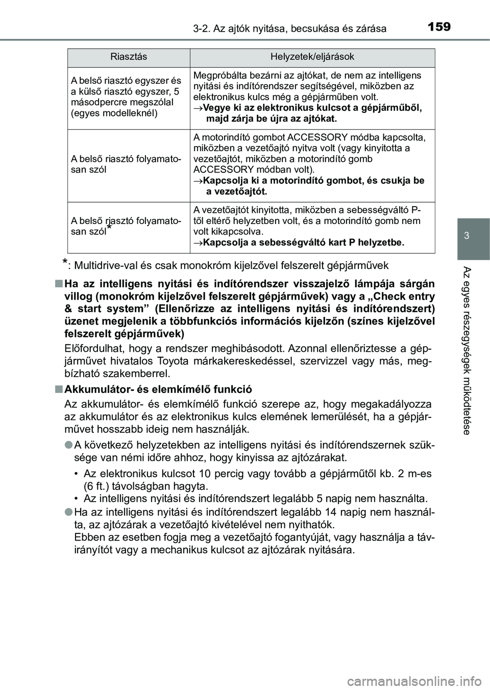 TOYOTA YARIS 2018 Kezelési útmutató (in Hungarian) 1593-2. Az ajtók nyitása, becsukása és zárása
3
Az egyes részegységek működtetése*: Multidrive-val és csak monokróm kijelzővel felszerelt gépjárművek
n Ha az intelligens nyitási TOYOTA YARIS 2018 Kezelési útmutató (in Hungarian) 1593-2. Az ajtók nyitása, becsukása és zárása
3
Az egyes részegységek működtetése*: Multidrive-val és csak monokróm kijelzővel felszerelt gépjárművek
n Ha az intelligens nyitási