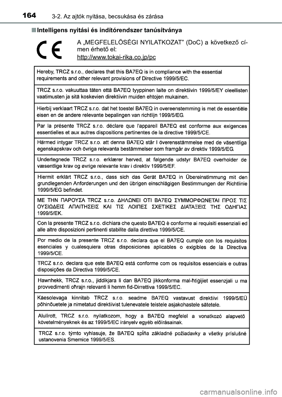 TOYOTA YARIS 2018  Kezelési útmutató (in Hungarian) 1643-2. Az ajtók nyitása, becsukása és zárása
nIntelligens nyitási és indítórendszer tanúsítványa
A  „MEGFELELŐSÉGI  NYILATKOZAT”  (DoC)  a  következő  cí-
men érhető el:
http: