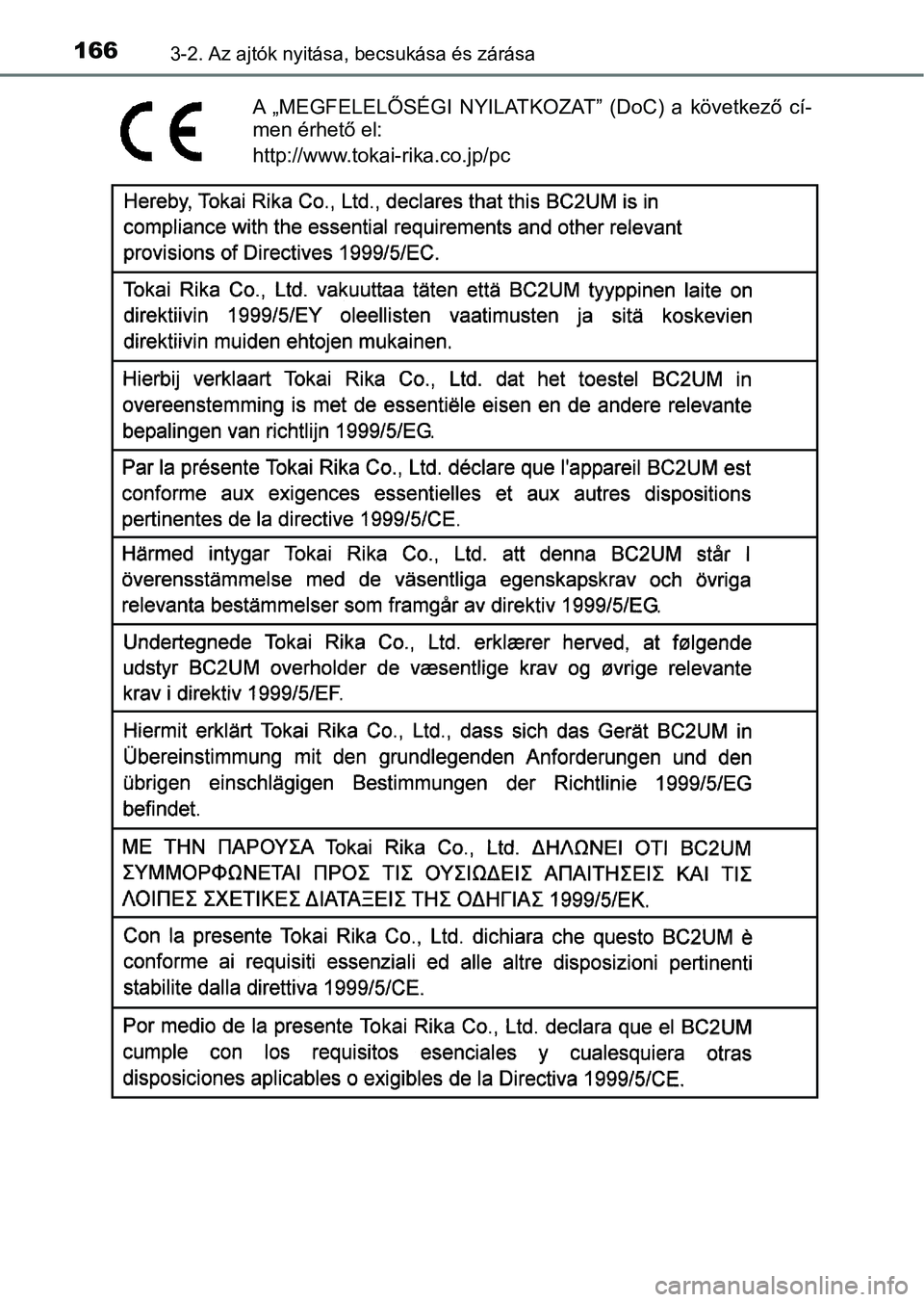 TOYOTA YARIS 2018  Kezelési útmutató (in Hungarian) 1663-2. Az ajtók nyitása, becsukása és zárása
A  „MEGFELELŐSÉGI  NYILATKOZAT”  (DoC)  a  következő  cí-
men érhető el:
http://www.tokai-rika.co.jp/pc 