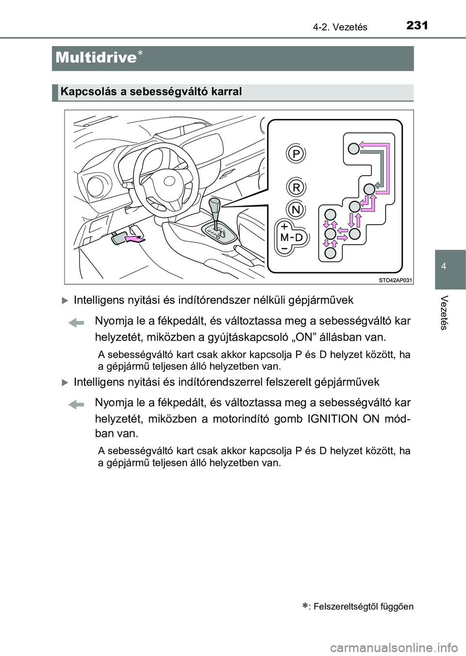 TOYOTA YARIS 2018 Kezelési útmutató (in Hungarian) 231
4
4-2. Vezetés
Vezetés
Multidrive
Intelligens nyitási és indítórendszer nélküli gépjárművek
Nyomja le a fékpedált, és változtassa meg a sebességváltó kar
helyzetét, miköz TOYOTA YARIS 2018 Kezelési útmutató (in Hungarian) 231
4
4-2. Vezetés
Vezetés
Multidrive
Intelligens nyitási és indítórendszer nélküli gépjárművek
Nyomja le a fékpedált, és változtassa meg a sebességváltó kar
helyzetét, miköz