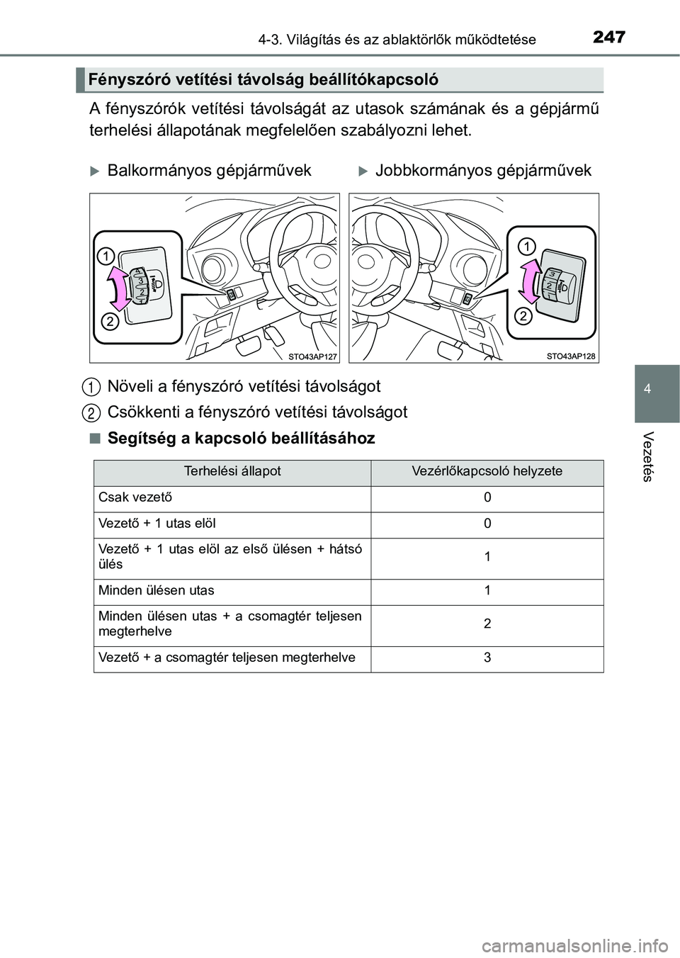 TOYOTA YARIS 2018 Kezelési útmutató (in Hungarian) 2474-3. Világítás és az ablaktörlők működtetése
4
Vezetés
A fényszórók vetítési távolságát az utasok számának és a gépjár mű
terhelési állapotának megfe lelően sza TOYOTA YARIS 2018 Kezelési útmutató (in Hungarian) 2474-3. Világítás és az ablaktörlők működtetése
4
Vezetés
A fényszórók vetítési távolságát az utasok számának és a gépjár mű
terhelési állapotának megfe lelően sza