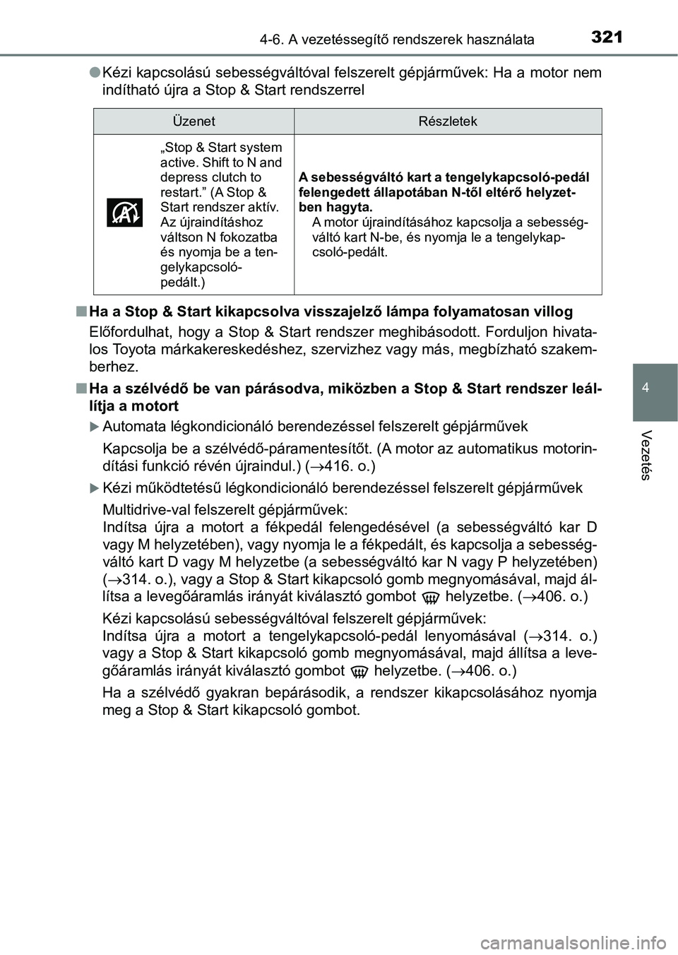 TOYOTA YARIS 2018 Kezelési útmutató (in Hungarian) 3214-6. A vezetéssegítő rendszerek használata
4
Vezetés
lKézi kapcsolású sebességváltóval felszerelt gépjárművek: Ha a m otor nem
indítható újra a Stop & Start rendszerrel
n Ha a Stop TOYOTA YARIS 2018 Kezelési útmutató (in Hungarian) 3214-6. A vezetéssegítő rendszerek használata
4
Vezetés
lKézi kapcsolású sebességváltóval felszerelt gépjárművek: Ha a m otor nem
indítható újra a Stop & Start rendszerrel
n Ha a Stop