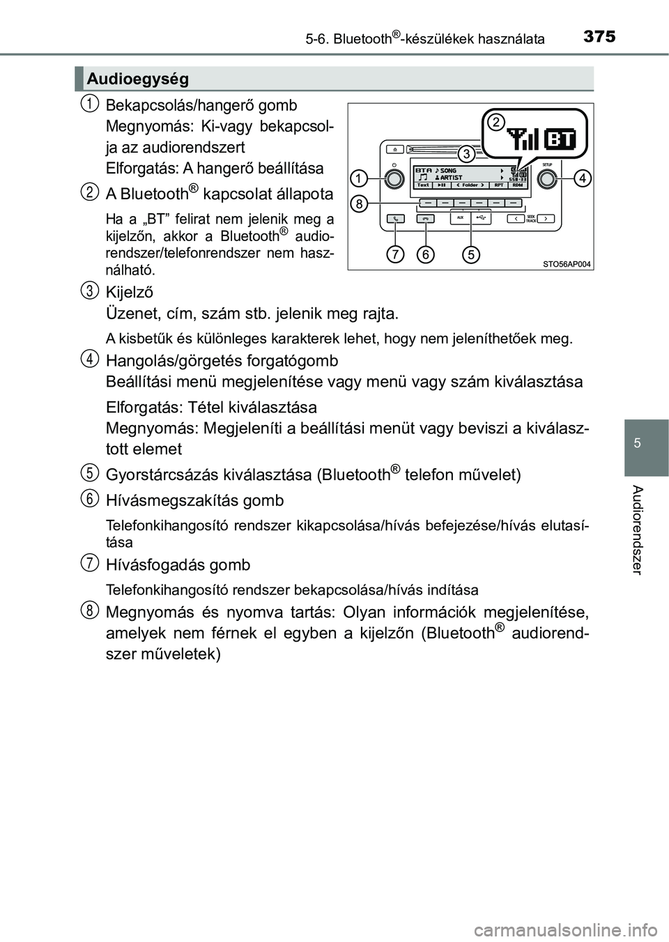 TOYOTA YARIS 2018 Kezelési útmutató (in Hungarian) 3755-6. Bluetooth®-készülékek használata
5
Audiorendszer
Bekapcsolás/hangerő gomb
Megnyomás: Ki-vagy bekapcsol-
ja az audiorendszert
Elforgatás: A hangerő beállítása
A Bluetooth® kapcs TOYOTA YARIS 2018 Kezelési útmutató (in Hungarian) 3755-6. Bluetooth®-készülékek használata
5
Audiorendszer
Bekapcsolás/hangerő gomb
Megnyomás: Ki-vagy bekapcsol-
ja az audiorendszert
Elforgatás: A hangerő beállítása
A Bluetooth® kapcs