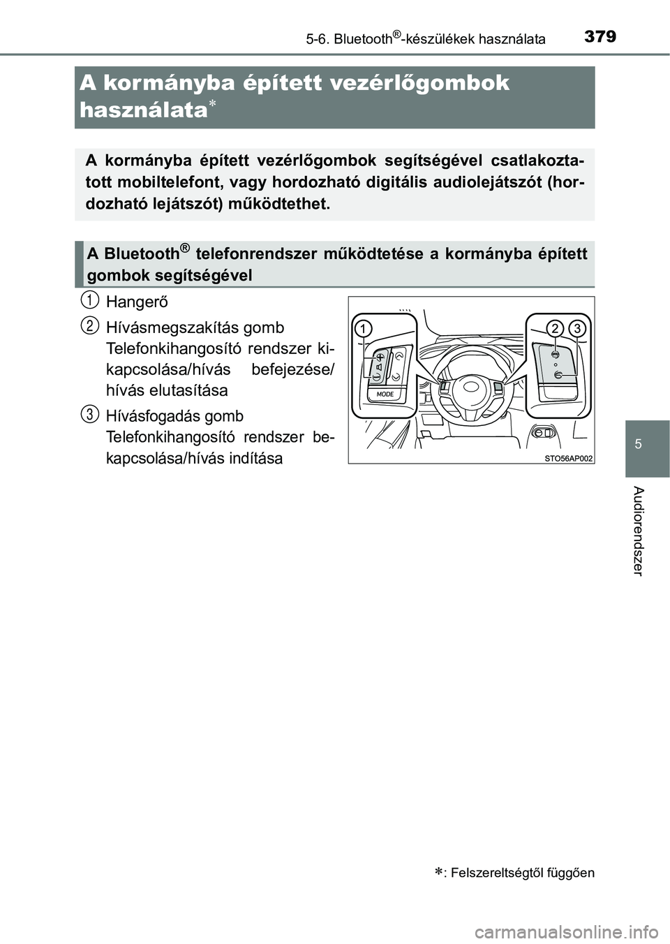 TOYOTA YARIS 2018 Kezelési útmutató (in Hungarian) 3795-6. Bluetooth®-készülékek használata
5
Audiorendszer
A kormányba épített vezérlőgombok
használata
Hangerő
Hívásmegszakítás gomb
Telefonkihangosító rendszer ki-
kapcsolása TOYOTA YARIS 2018 Kezelési útmutató (in Hungarian) 3795-6. Bluetooth®-készülékek használata
5
Audiorendszer
A kormányba épített vezérlőgombok
használata
Hangerő
Hívásmegszakítás gomb
Telefonkihangosító rendszer ki-
kapcsolása