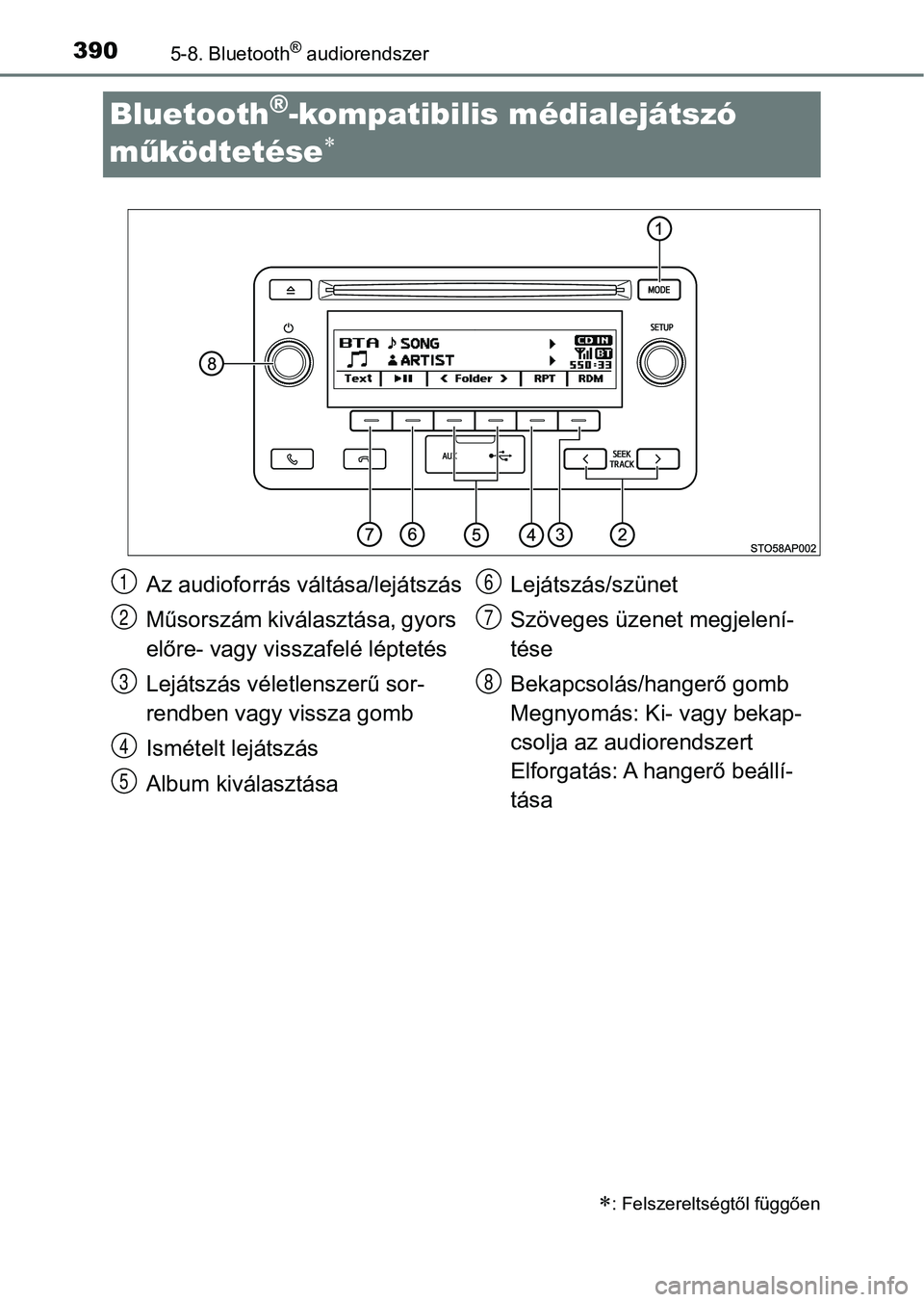 TOYOTA YARIS 2018 Kezelési útmutató (in Hungarian) 3905-8. Bluetooth® audiorendszer
Bluetooth®-kompatibilis médialejátszó
mű ködtetése
: Felszereltségtől függően
Az audioforrás váltása/lejátszás
Műsorszám kiválasztása, gyo TOYOTA YARIS 2018 Kezelési útmutató (in Hungarian) 3905-8. Bluetooth® audiorendszer
Bluetooth®-kompatibilis médialejátszó
mű ködtetése
: Felszereltségtől függően
Az audioforrás váltása/lejátszás
Műsorszám kiválasztása, gyo