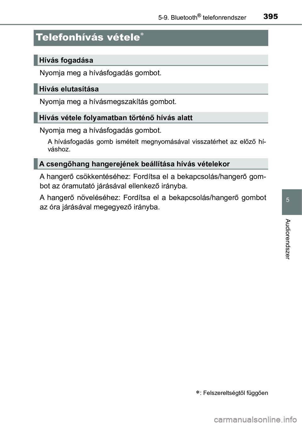 TOYOTA YARIS 2018 Kezelési útmutató (in Hungarian) 3955-9. Bluetooth® telefonrendszer
5
Audiorendszer
Telefonhívás vétele
Nyomja meg a hívásfogadás gombot.
Nyomja meg a hívásmegszakítás gombot.
Nyomja meg a hívásfogadás gombot.
A hí TOYOTA YARIS 2018 Kezelési útmutató (in Hungarian) 3955-9. Bluetooth® telefonrendszer
5
Audiorendszer
Telefonhívás vétele
Nyomja meg a hívásfogadás gombot.
Nyomja meg a hívásmegszakítás gombot.
Nyomja meg a hívásfogadás gombot.
A hí