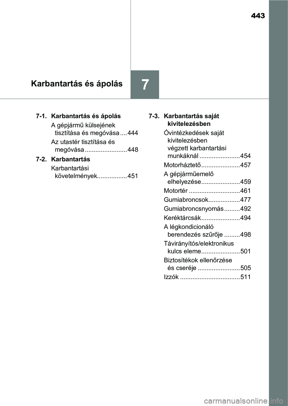 TOYOTA YARIS 2018 Kezelési útmutató (in Hungarian) 443
7Karbantartás és ápolás
7-1. Karbantartás és ápolásA gépjármű külsejének tisztítása és megóvása .... 444
Az utastér tisztítása és megóvása ........................ 448
7-2 TOYOTA YARIS 2018 Kezelési útmutató (in Hungarian) 443
7Karbantartás és ápolás
7-1. Karbantartás és ápolásA gépjármű külsejének tisztítása és megóvása .... 444
Az utastér tisztítása és megóvása ........................ 448
7-2