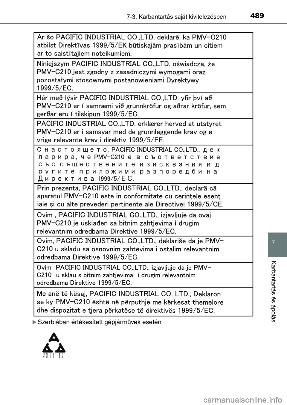 TOYOTA YARIS 2018  Kezelési útmutató (in Hungarian) 4897-3. Karbantartás saját kivitelezésben
7
Karbantartás és ápolás
Szerbiában értékesített gépjárművek esetén 