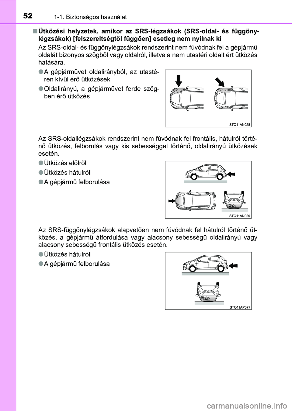 TOYOTA YARIS 2018  Kezelési útmutató (in Hungarian) 521-1. Biztonságos használat
nÜtközési  helyzetek,  amikor  az  S RS-légzsákok  (SRS-oldal-  és  függ öny-
légzsákok) [felszereltségtől fü ggően] esetleg nem nyílnak ki
Az SRS-oldal- 