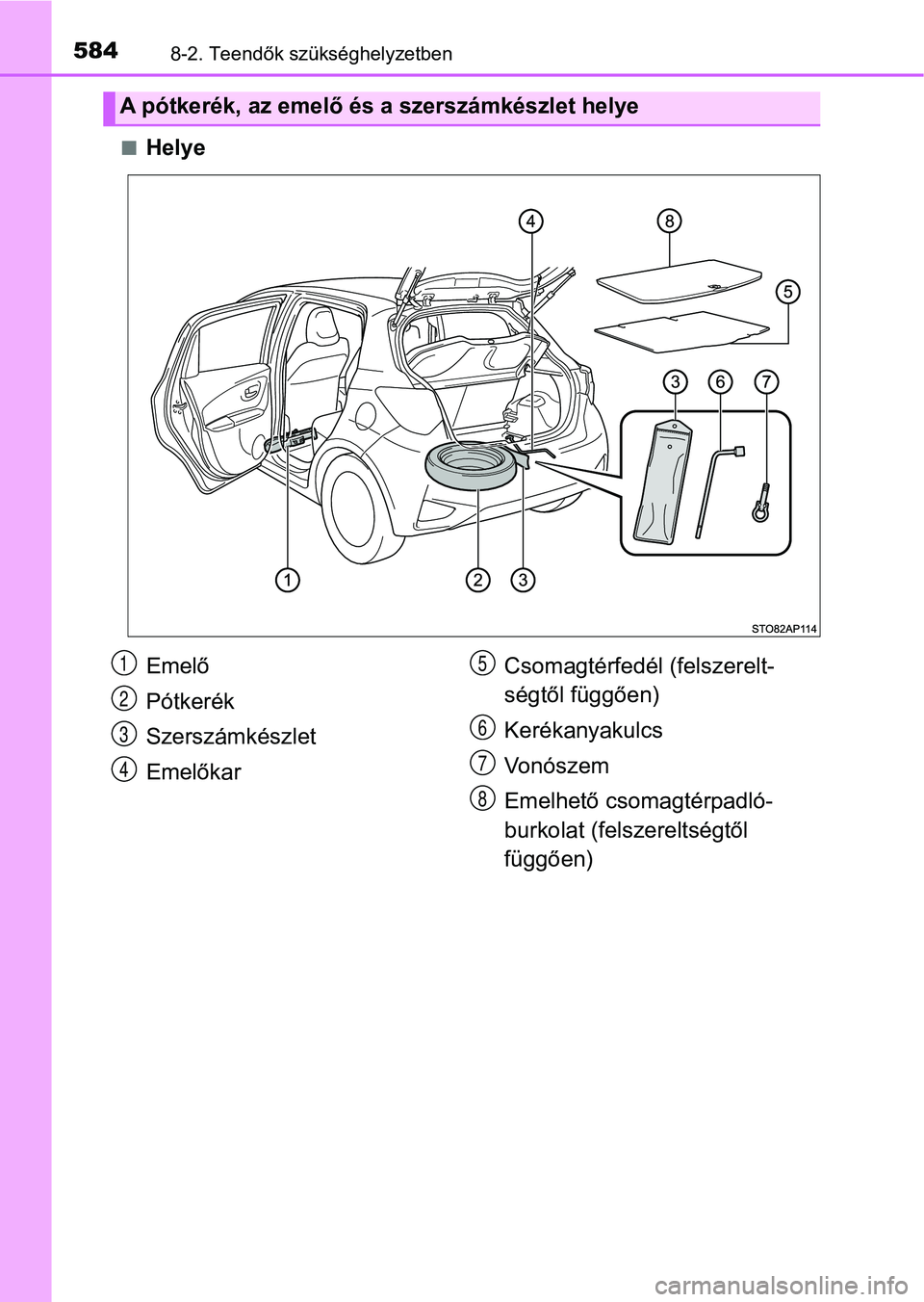 TOYOTA YARIS 2018 Kezelési útmutató (in Hungarian) 5848-2. Teendők szükséghelyzetben
nHelye
A pótkerék, az emelő és a szerszámkészlet helye
Emelő
Pótkerék
Szerszámkészlet
EmelőkarCsomagtérfedél (felszerelt-
ségtől függően)
Keréka TOYOTA YARIS 2018 Kezelési útmutató (in Hungarian) 5848-2. Teendők szükséghelyzetben
nHelye
A pótkerék, az emelő és a szerszámkészlet helye
Emelő
Pótkerék
Szerszámkészlet
EmelőkarCsomagtérfedél (felszerelt-
ségtől függően)
Keréka